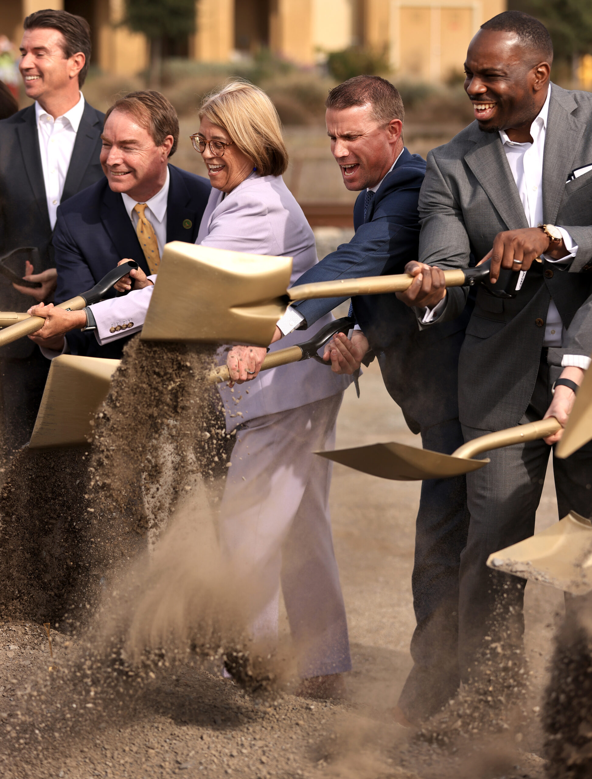 Mike McGuire, California State Majority Leader, middle right, participates in a groundbreaking ceremony with Toks Omishakin, California Secretary of Transportation, right, and Cecilia Aguilar-Curry, California State Assembly Pro Tempore, Thursday, Nov. 9, 2023 during the groundbreaking of the Petaluma north SMART station. (Kent Porter / The Press Democrat) 2023