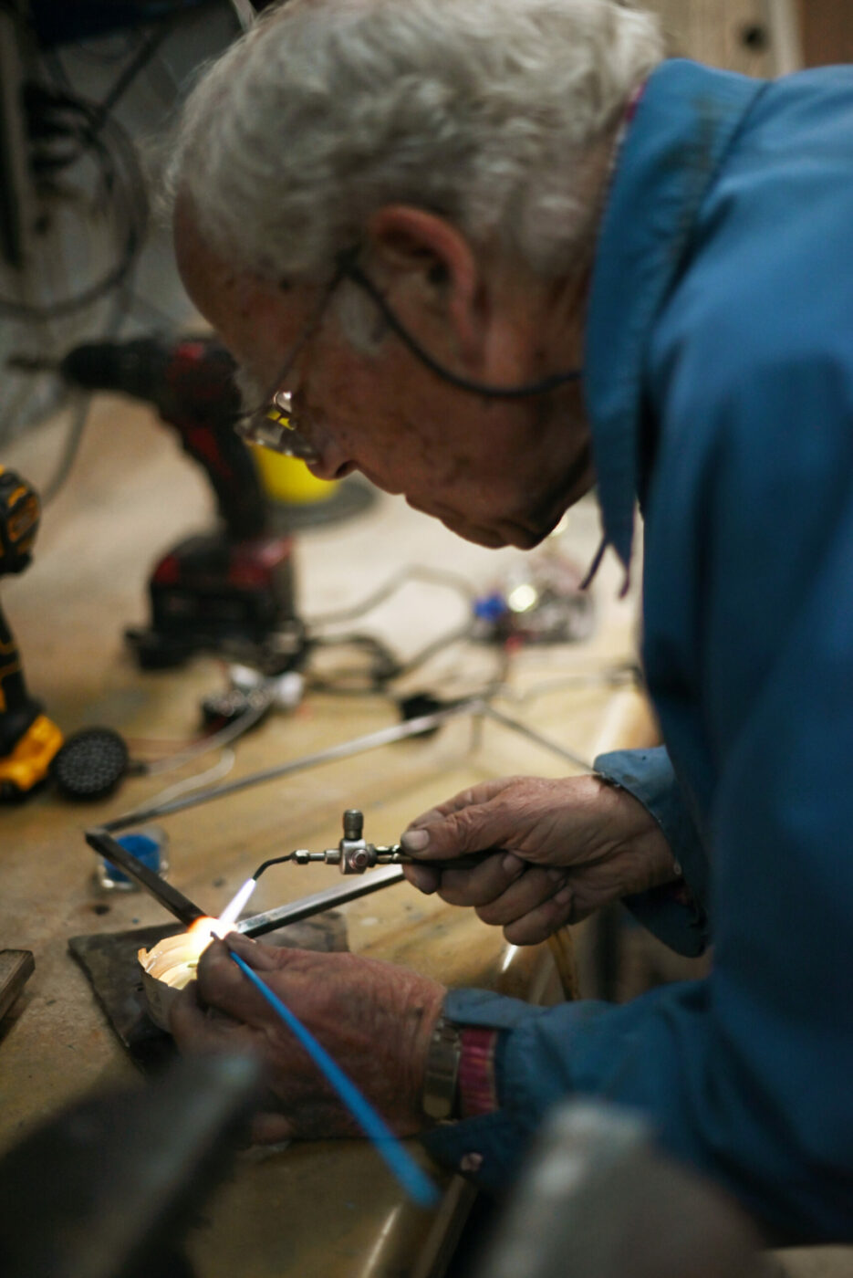 Jim Simpson of O.D.D. Parts Repair & Fabrication working with his two employees Steve Clark, 79 and Matt Loftus in his workshop in Sonoma, Calif. on Oct. 30, 2023. (Photo: Erik Castro/for Sonoma Magazine)