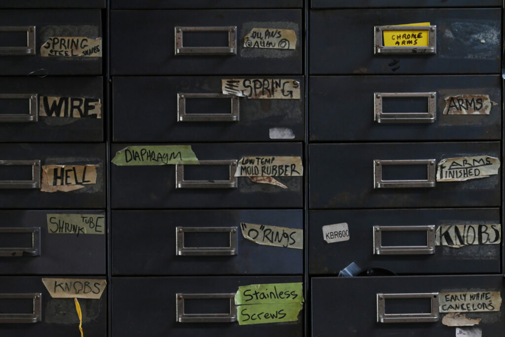 Nothing is thrown away, nothing is wasted at the Sonoma warehouse of custom machinist Jim Simpson. Racks of drawers contain small parts and samples. (Erik Castro/For Sonoma Magazine)