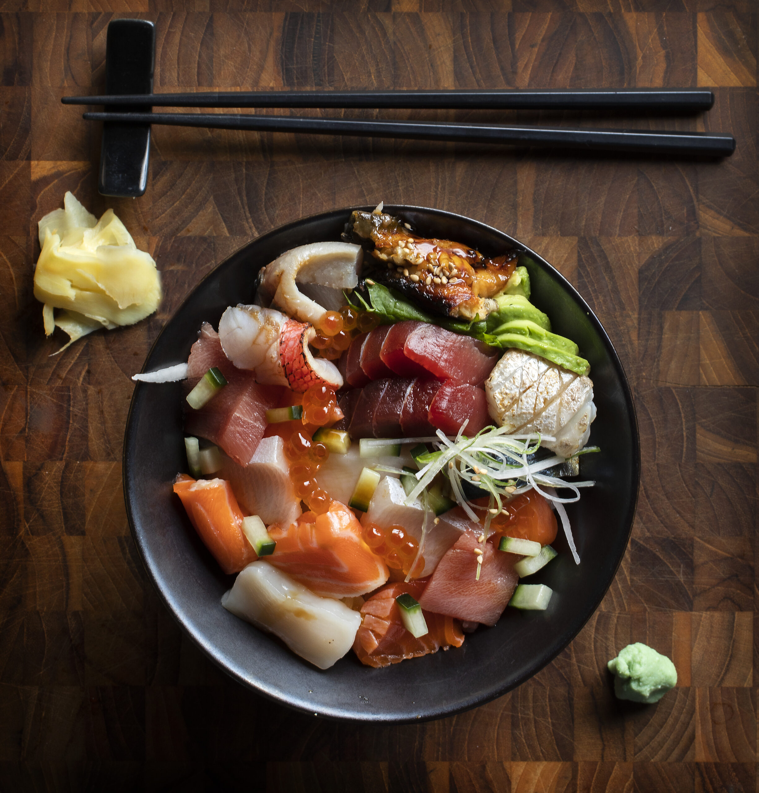 The Chirashi sushi bowl features a variety of fresh sashimi from Sushi Kosho in Sebastopol's Barlow District. (John Burgess/The Press Democrat)