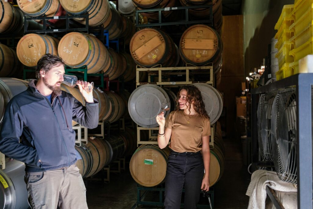 Jack Sporer with French winemaker Isabel Gassier at Magnolia Wine Services in Sonoma. (James Joiner/For Sonoma Magazine)