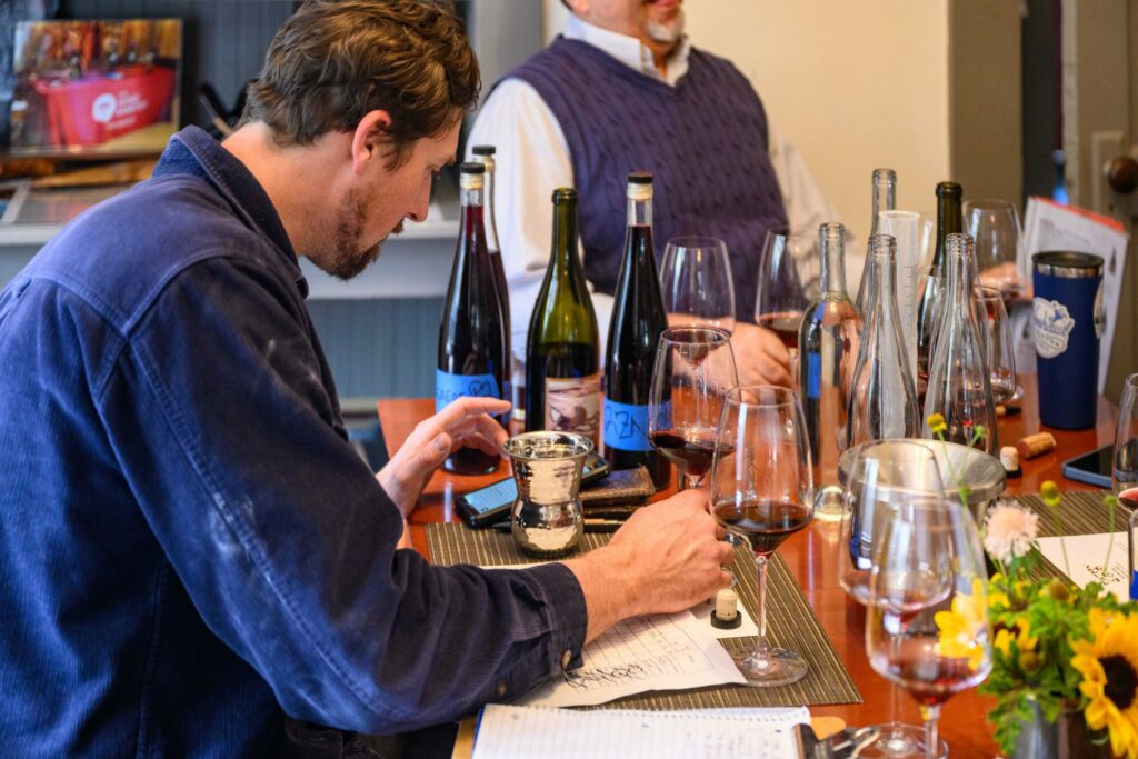 Tasting blends with colleagues in Sonoma. (James Joiner/For Sonoma Magazine)