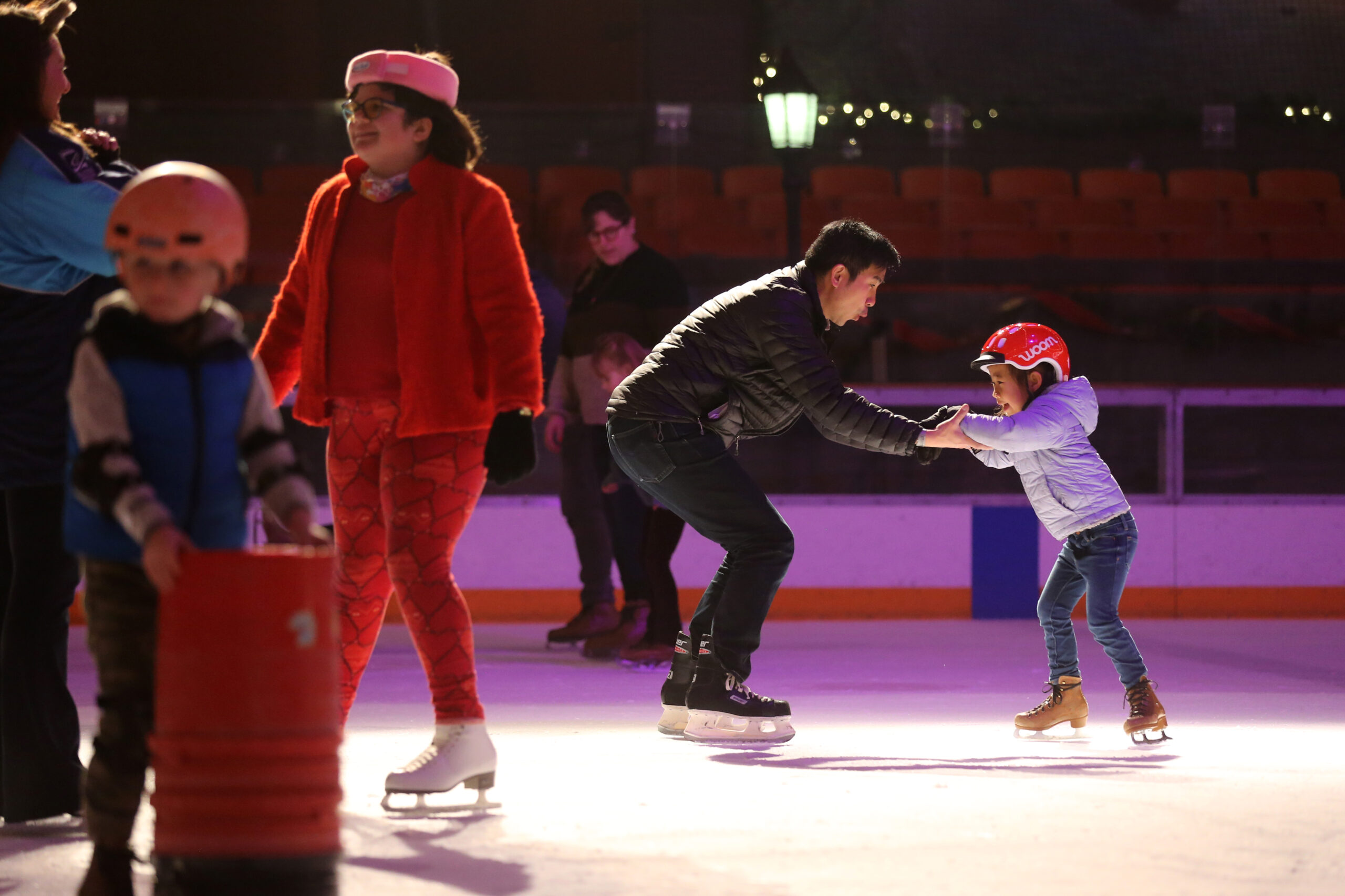 Fred H. helps his daughter Vivian, 5, learn to skate during the Parent and Puppy session at Snoopy's Home Ice at the Redwood Empire Ice Area in Santa Rosa on Tuesday, December 20, 2022. (Beth Schlanker/The Press Democrat)