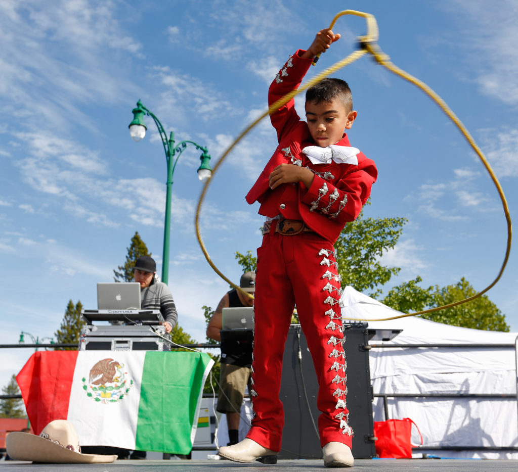 El Potrillo Jose Alejandro Rincon, 7, performs lasso tricks during the Roseland Cinco de Mayo festival, in Santa Rosa, California, on Saturday, May 5, 2018. (Alvin Jornada / The Press Democrat)
