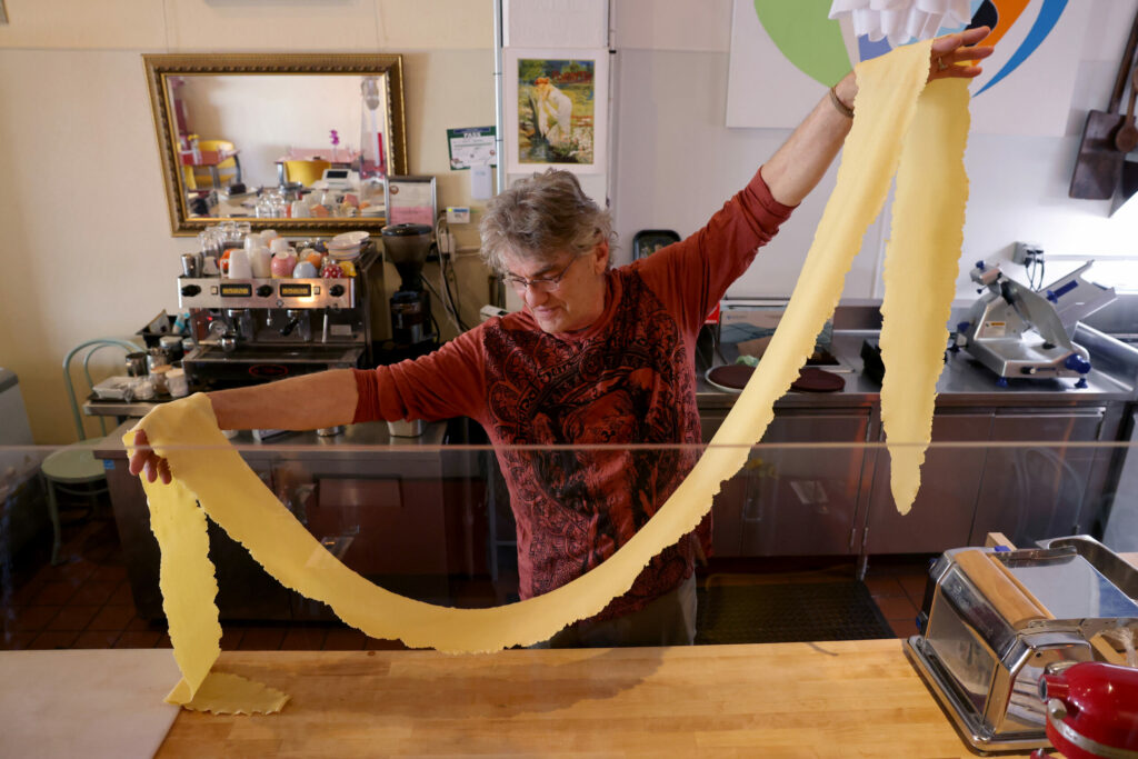 Paolo Pedrinazzi makes tagliatelle pasta from scratch at Portico in Sebastopol, Wednesday, April 24, 2024. (Beth Schlanker / The Press Democrat)