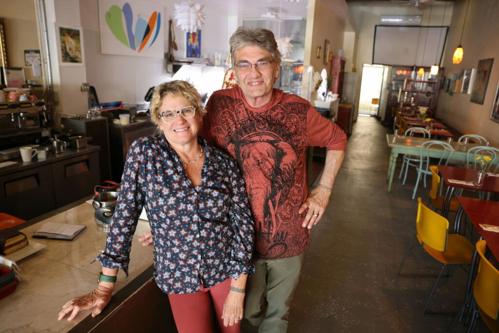 Kathleen Escamilla and Paolo Pedrinazzi at Portico in Sebastopol, Wednesday, April 24, 2024. (Beth Schlanker / The Press Democrat)