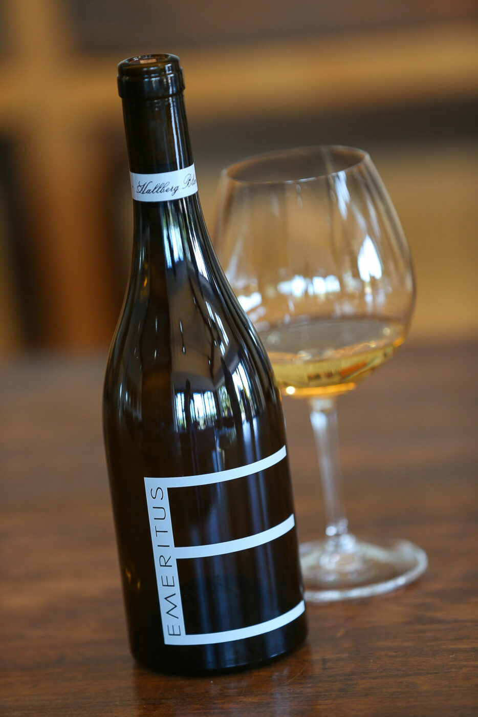 A bottle of Emeritus Vineyards Hallberg Blanc pinot noir in Sebastopol, Wednesday, Sept. 13, 2023. (Christopher Chung / The Press Democrat)