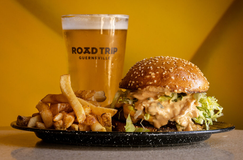 The Mac Daddy burger with a 7-ounce Oak Ridge patty and the secret sauce from Road Trip Monday, May 20, 2024 in Guerneville. (Photo by John Burgess/The Press Democrat)