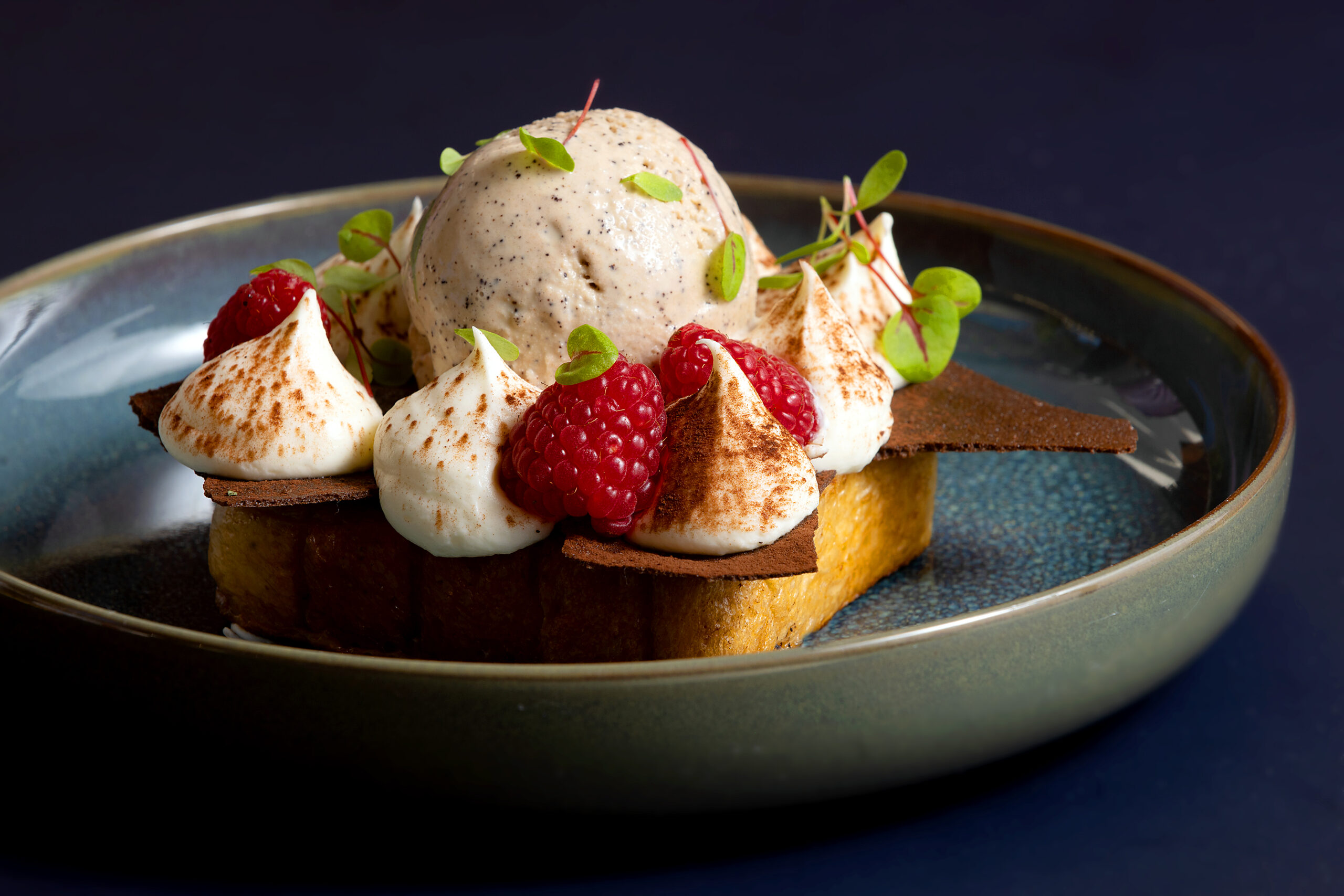 Tiramisu French toast with whipped mascarpone, Raspberry, coffee ice cream and cocoa nibs on Goguette brioche from the Acorn Cafe Thursday, October 3, 2024 in Healdsburg. (John Burgess / The Press Democrat)