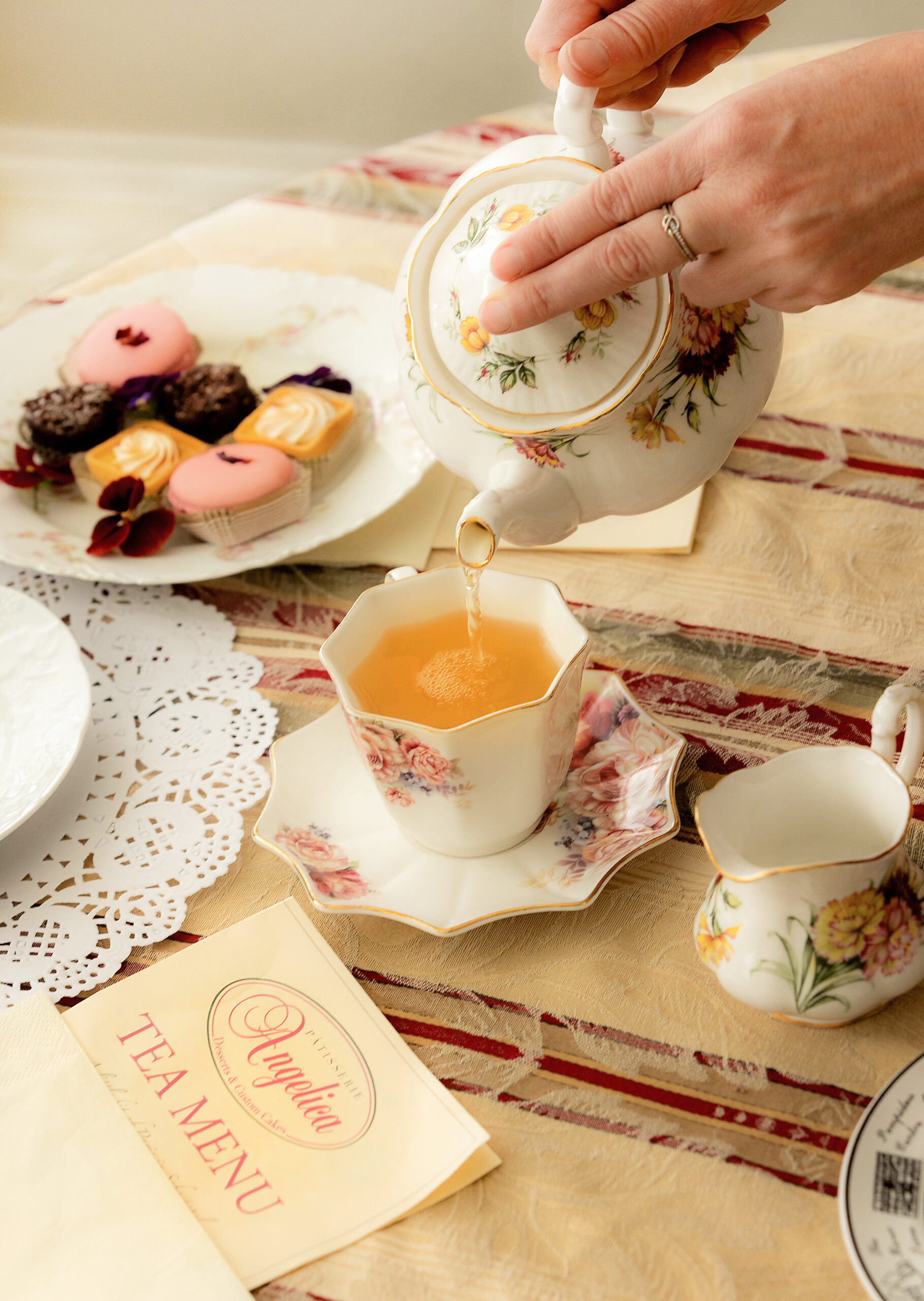 Warm tea is poured into a teacup at Patisserie Angelica in Sebastopol