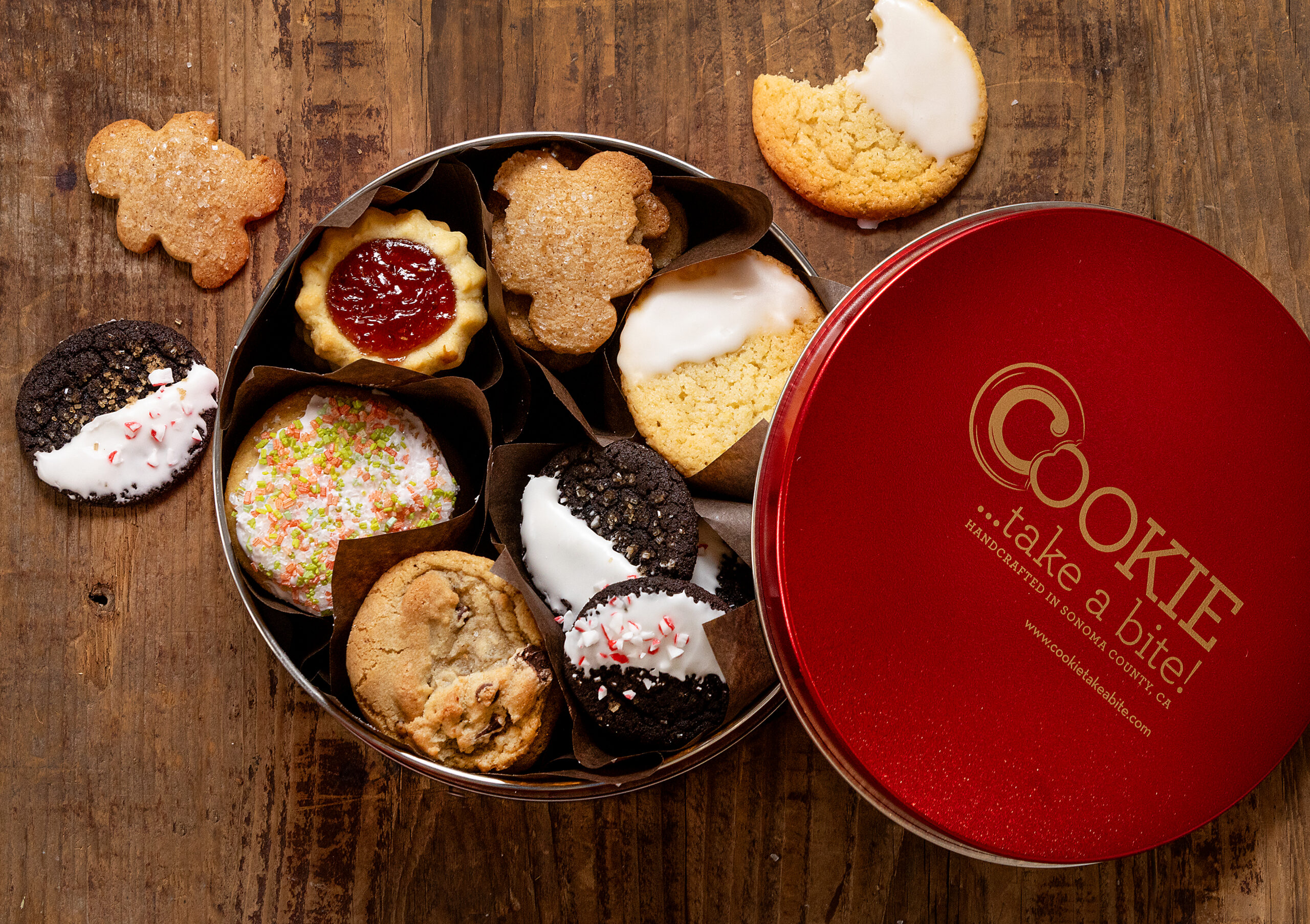 The Cookie of the Month Subscription Box from Cookie….take a bite! in Santa Rosa offers two dozen cookies, including the favorite Lemon Moon (top right).