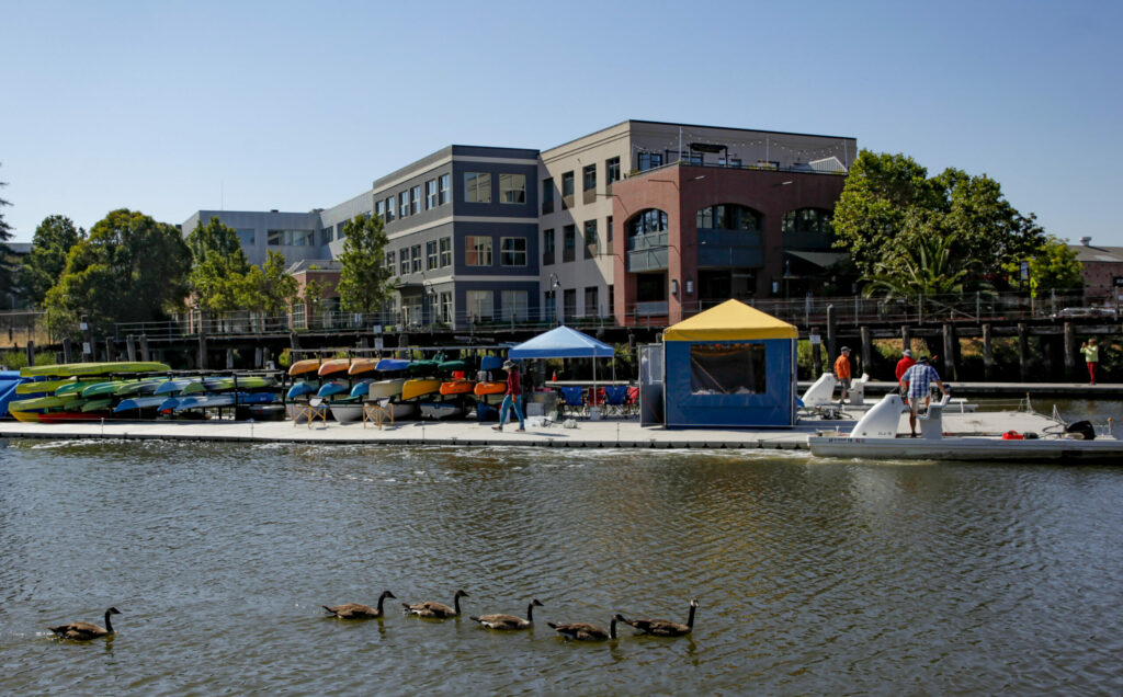 The Floathouse on the Petaluma River was moved across the basin to accommodate dock construction. Photographed on Monday, June 17, 2024. (Crissy Pascual / Petaluma Argus-Courier)