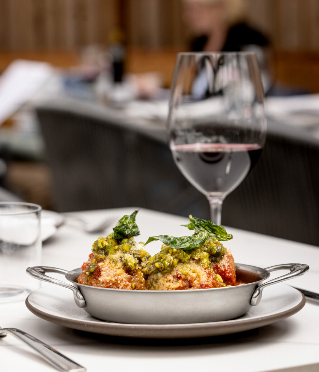 Mortadella Meatballs with pistachio pesto and aged parmesan from Stella Wednesday, March 26, 2025, in Kenwood. (John Burgess / The Press Democrat)