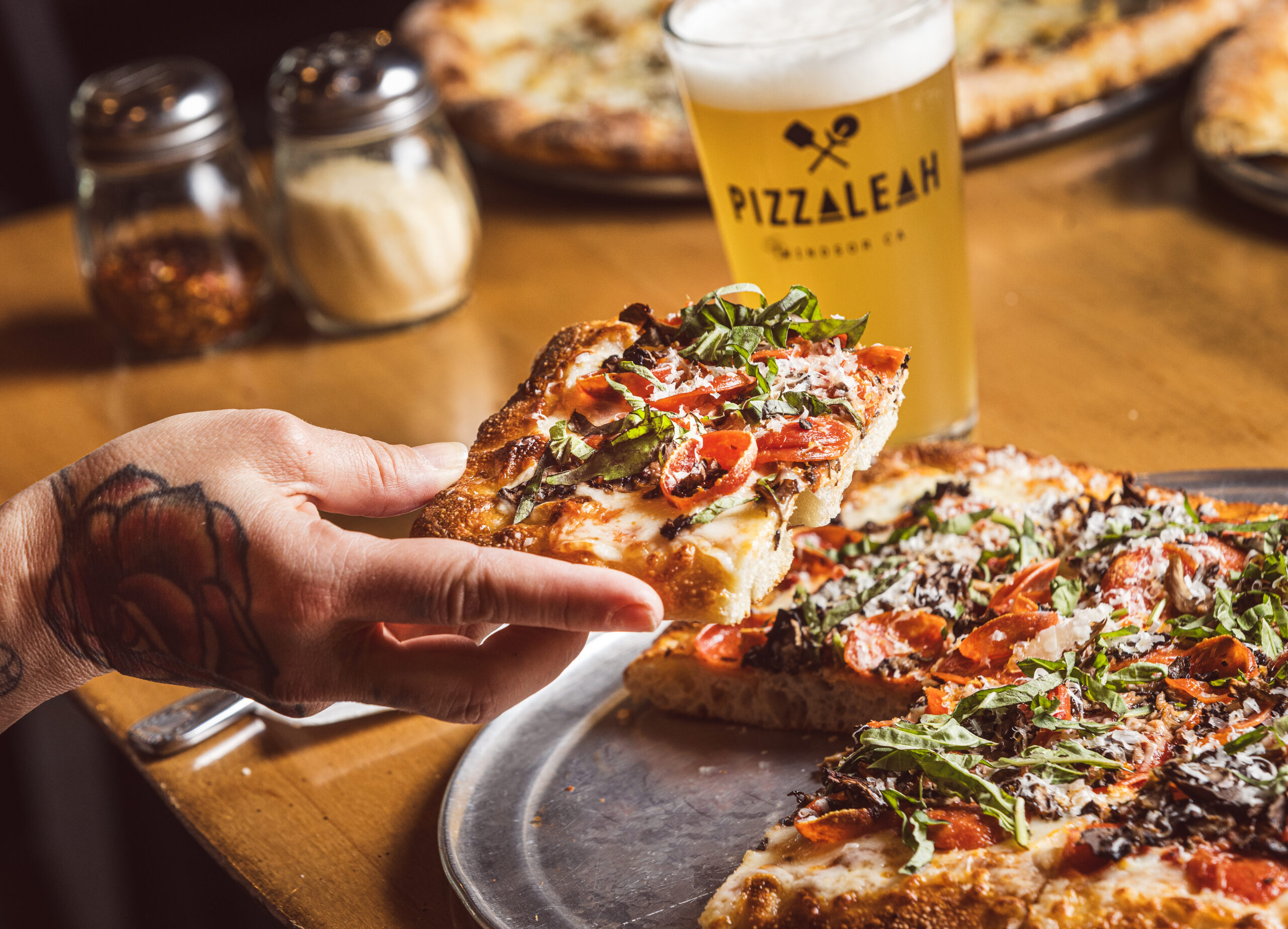 The Mush-a-Roni square pizza with red sauce, pepperoni, cremini mushrooms, shaved Parmesan and fresh basil from PizzaLeah Wednesday, April 16, 2025, in Windsor. (John Burgess / The Press Democrat)