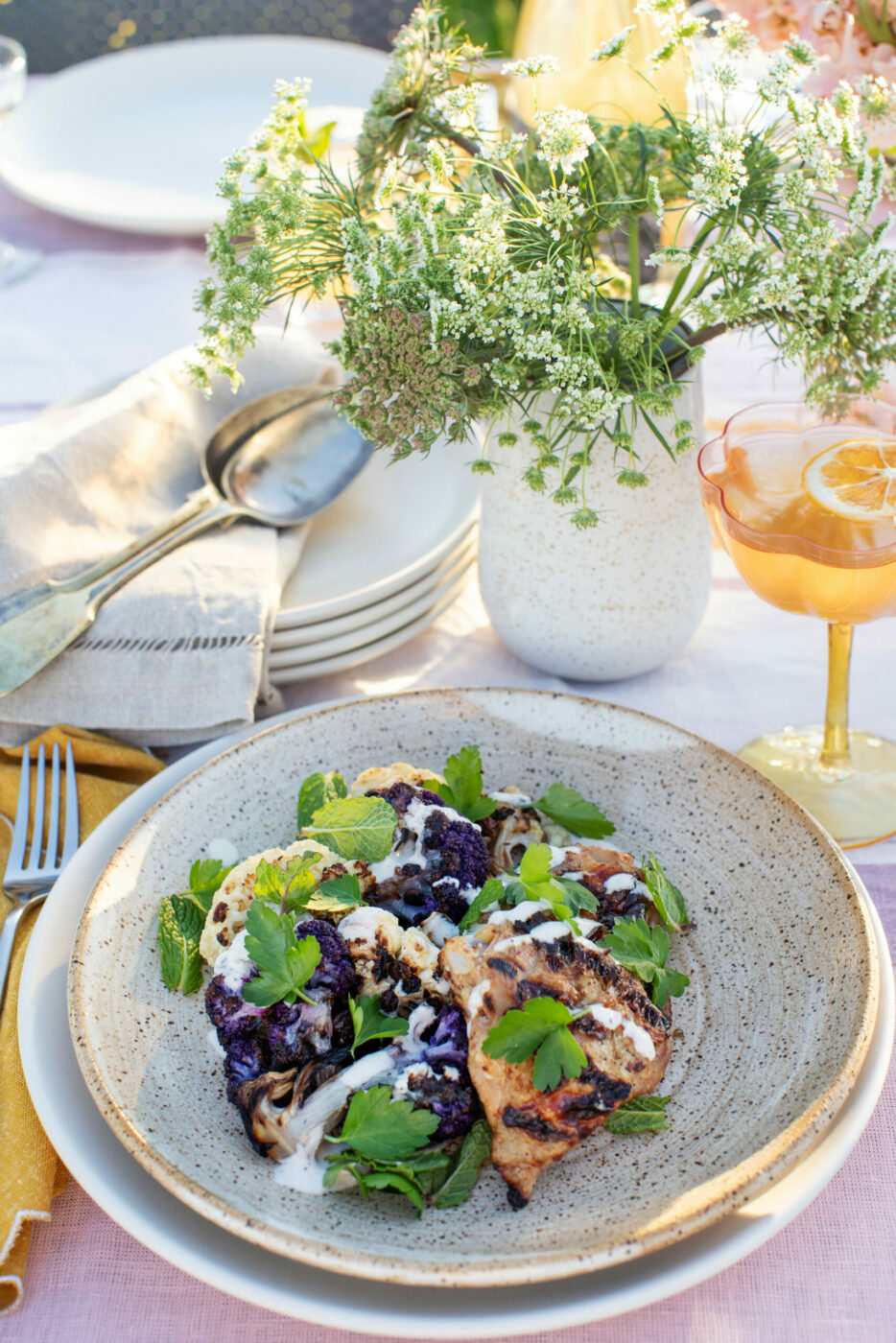 Chef Kim LaVere's harissa grilled chicken and cauliflower with yogurt tahina. (Eileen Roche / Sonoma Magazine)