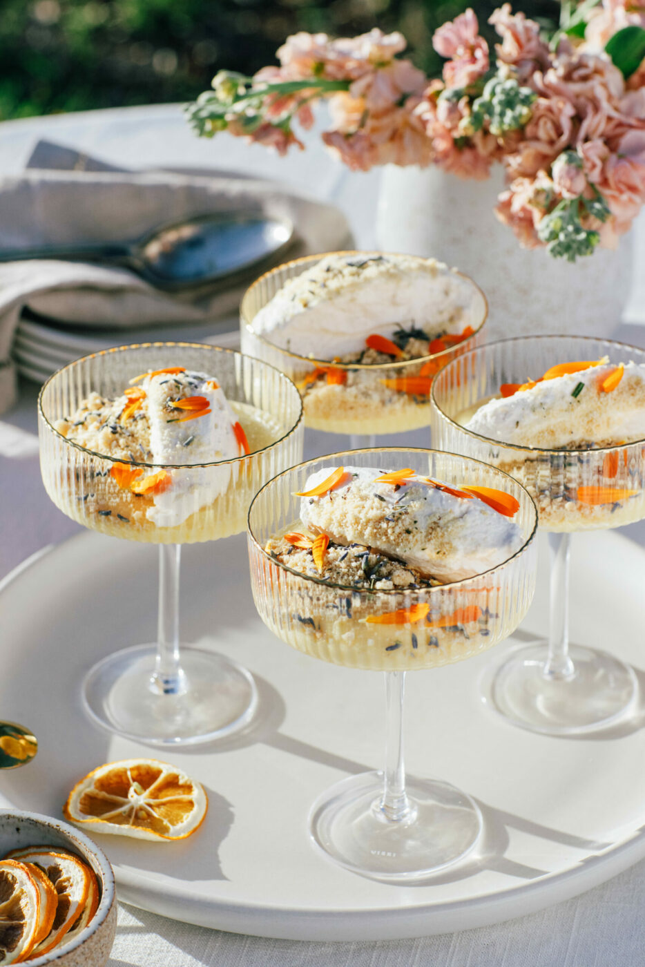 dessert garnished with flowers from the garden