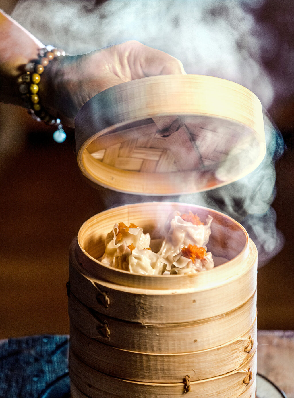 Shrimp and pork shumai in a bamboo steamer from Michelle Wood, the new owner of Jimtown Store, at her home in Santa Rosa, Friday, Jan. 24, 2025. (John Burgess / The Press Democrat)