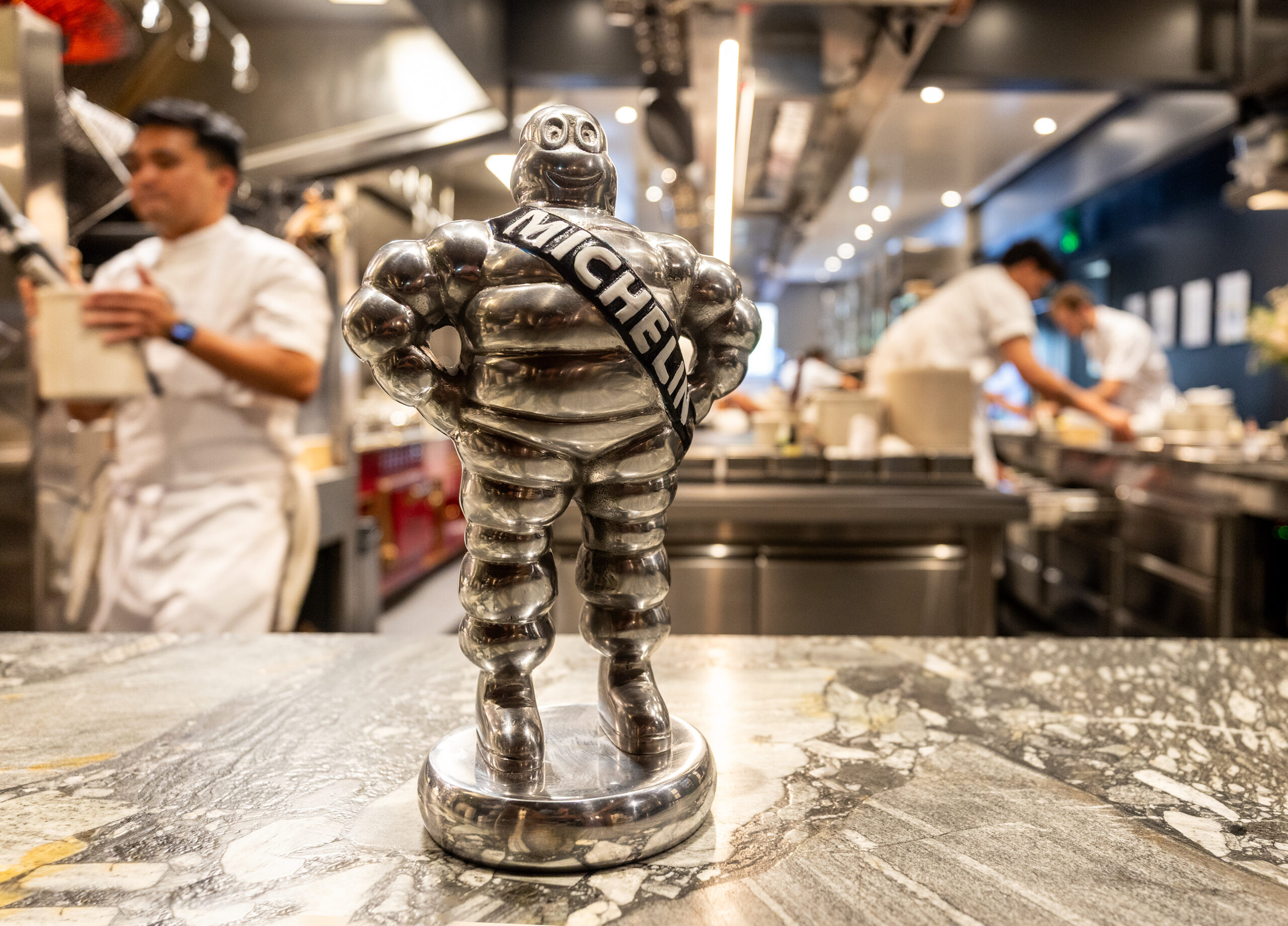 Executive chef Brian Limoges of Enclos restaurant in Sonoma bought an antique French Michelin statue he can now display after earning two Michelin stars Wednesday, June 25, 2025. (John Burgess / The Press Democrat)
