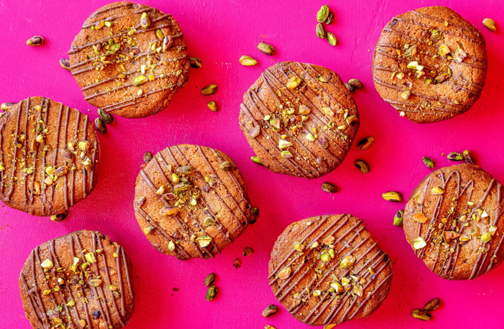 The newly famous “I need Dubai this Cookie” with a browned butter, pistachio and chocolate cookie with a Dubai Chocolate Bon Bon baked into the center from Odd Cookie owner Anna Rodriguez Friday, May 8, 2025, in Penngrove. (John Burgess / The Press Democrat)