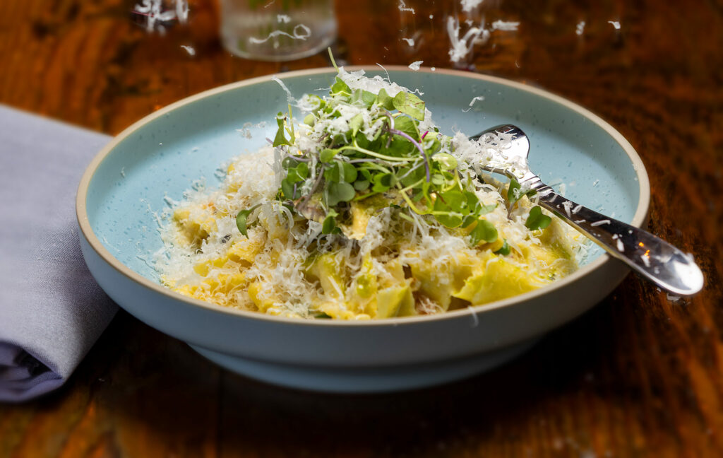 Pappardelle Carbonara from Farmhouse Sonoma in the old Palms restaurant location Friday, May 9, 2025, in Sonoma. (John Burgess / The Press Democrat)