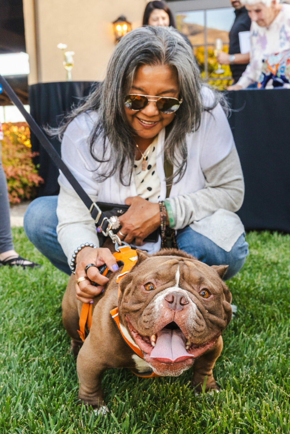 A Wags, Whiskers & Wine guest visits with Basil, a Humane Society of Sonoma County adoption alum featured in the evening’s program. The 20th anniversary Wags, Whiskers and Wine fundraiser benefiting the Humane Society of Sonoma County was held Friday, Aug. 1, 2025, at St. Francis Winery & Vineyards in Santa Rosa. (Kelsey Joy Photography)