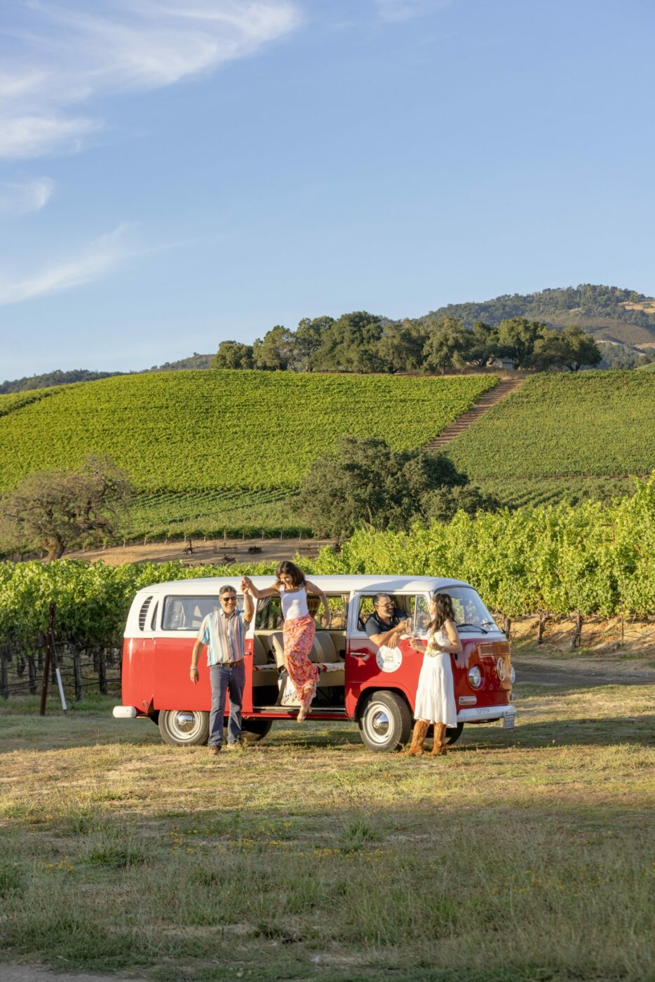 A West Wine Tours Volkswagen bus stops at Marilyn's Vineyard in Kenwood. (John Burgess / Sonoma Magazine)