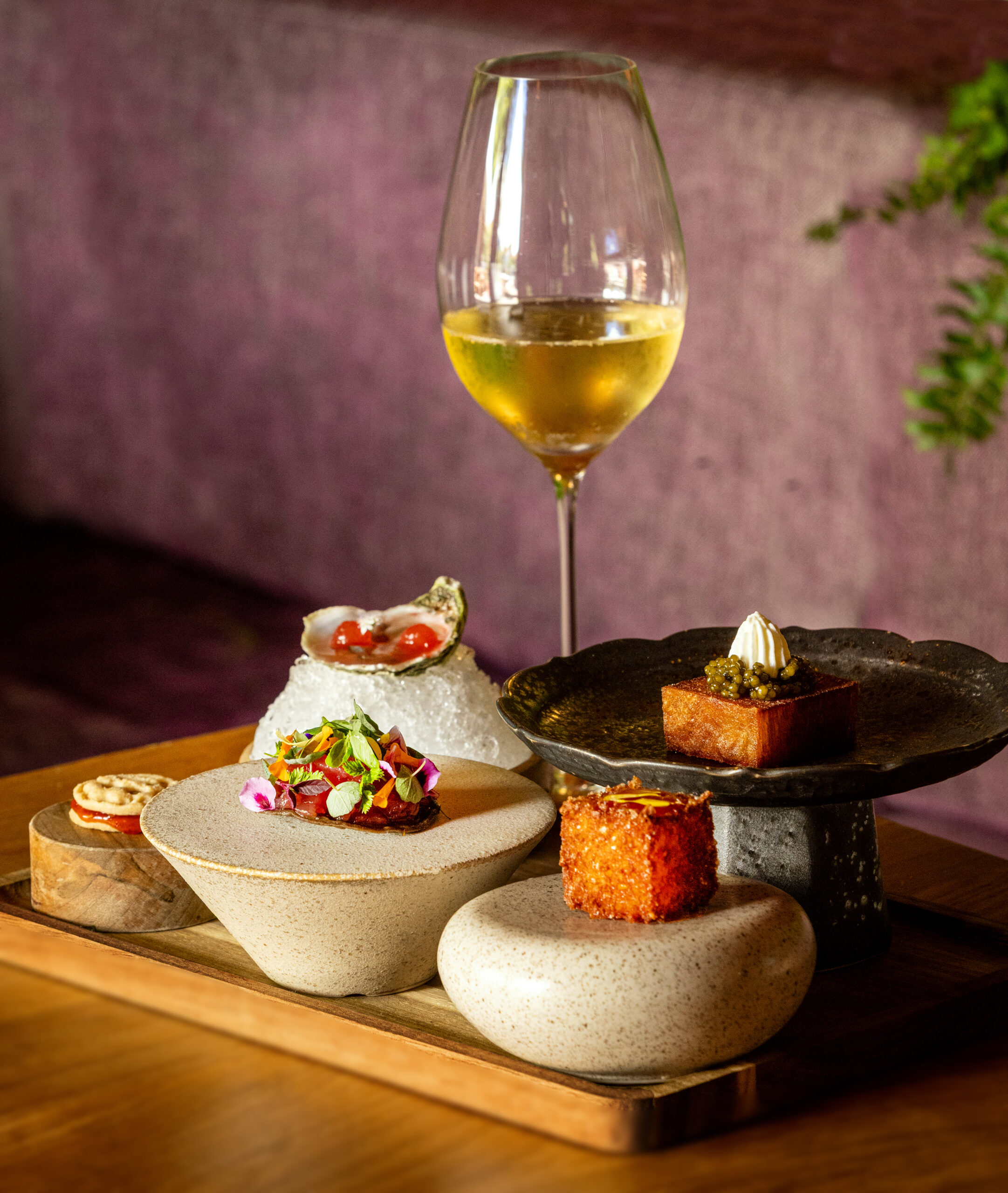 To start, a selection of bites from the new prix fixe tasting menu at The Lodge at Dawn Ranch Thursday, September 4, 2025 in Guerneville. (John Burgess / The Press Democrat)