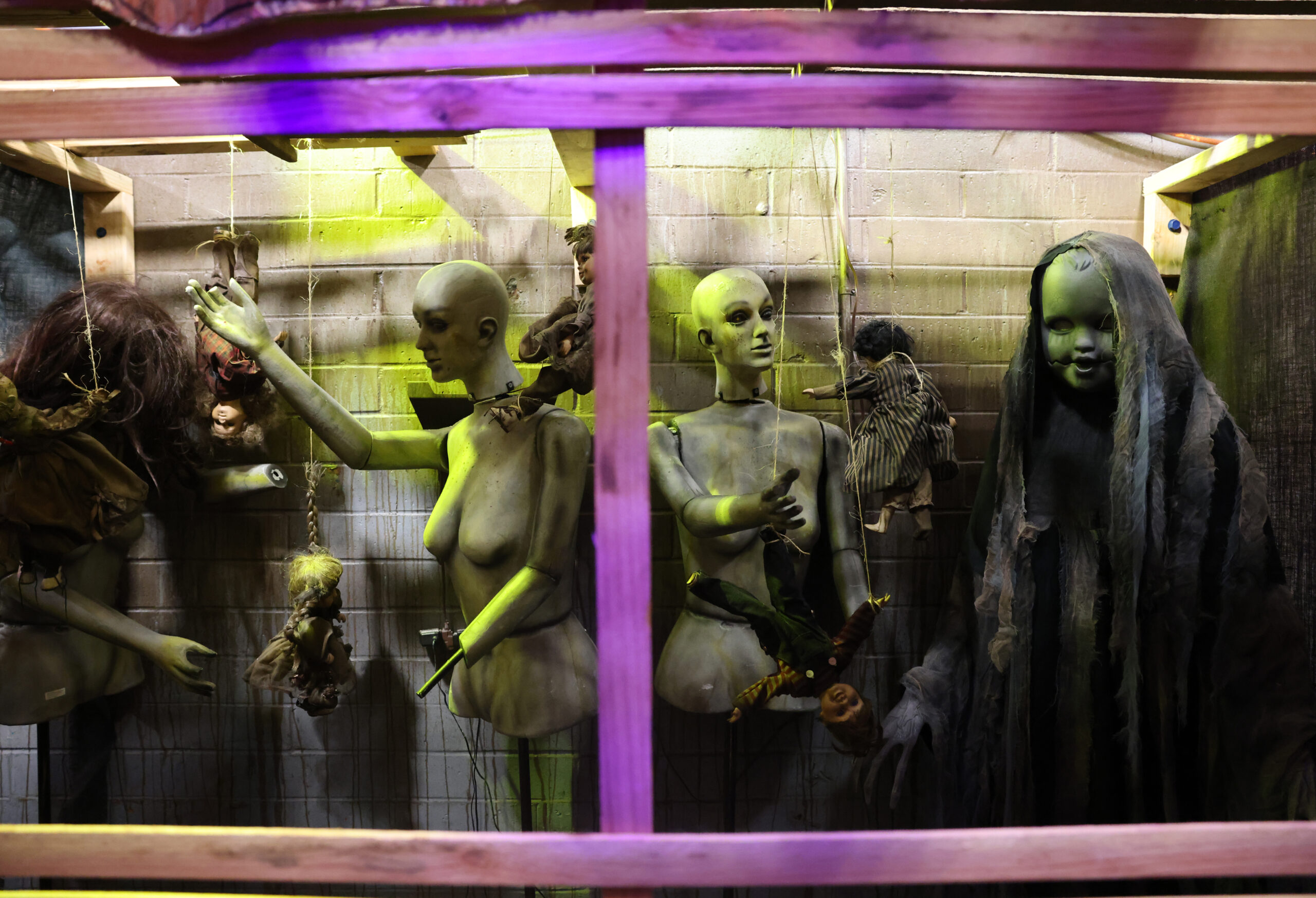 Manequins and dolls hang from ropes as part of the decor at Blind Scream haunted house in Santa Rosa, Sunday, September 10, 2023. (Beth Schlanker / The Press Democrat)