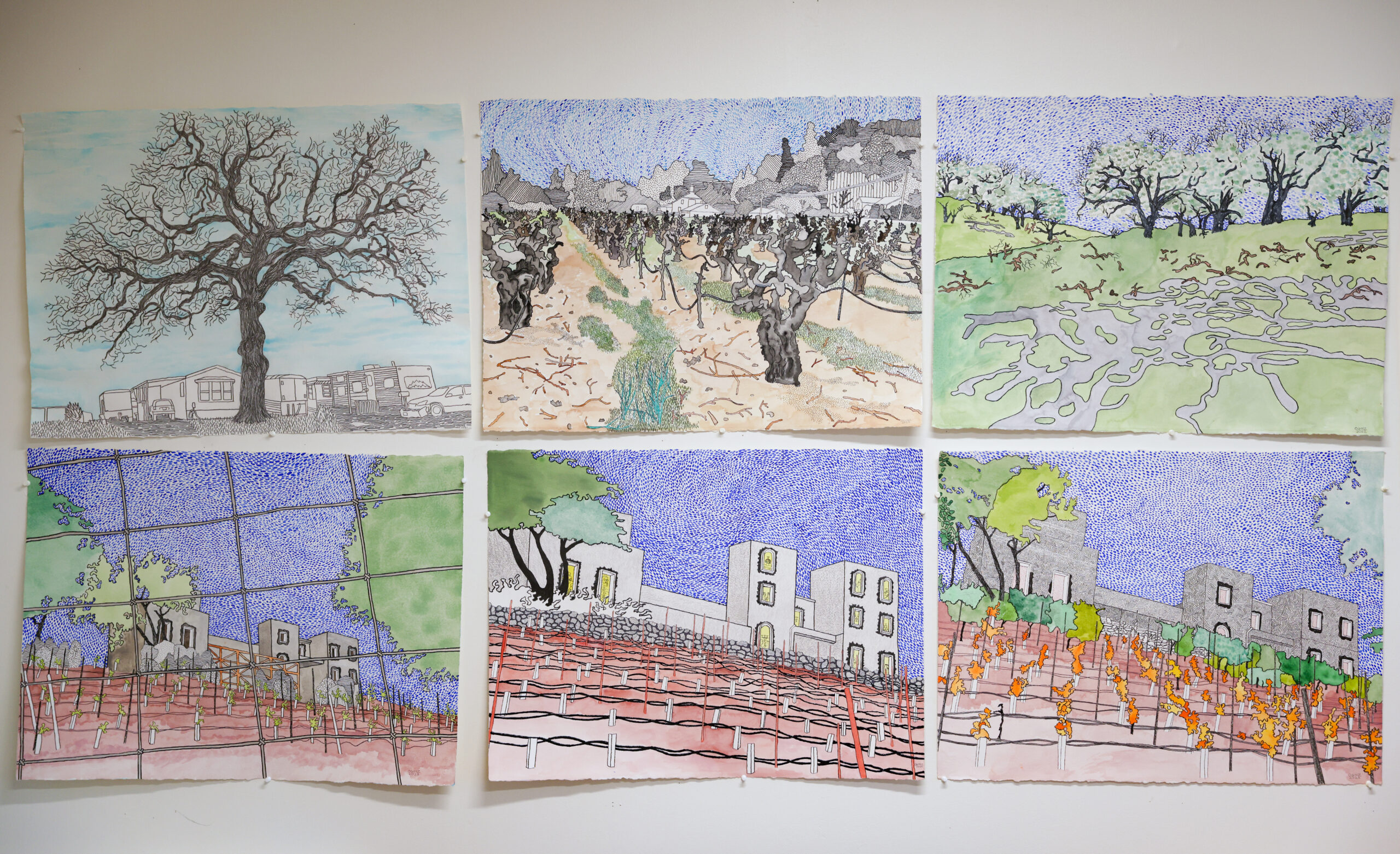 New paintings by Rick Oginz depicting a winery under construction near his home hang on the wall of his home studio in Sonoma on Friday, July 18, 2025. (Christopher Chung/The Press Democrat)