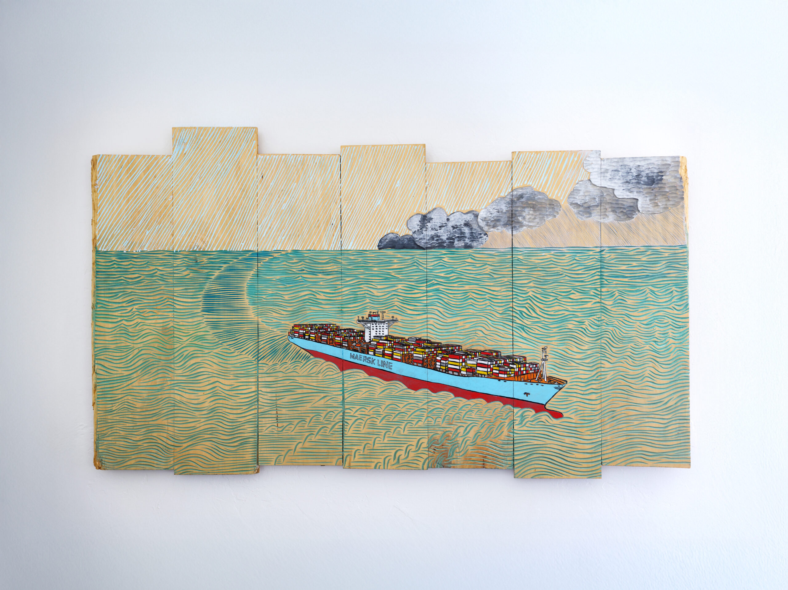 “Container Ship Underway” by Rick Oginz hangs on the wall of the artist’s home in Sonoma on Friday, July 18, 2025. (Christopher Chung/The Press Democrat)