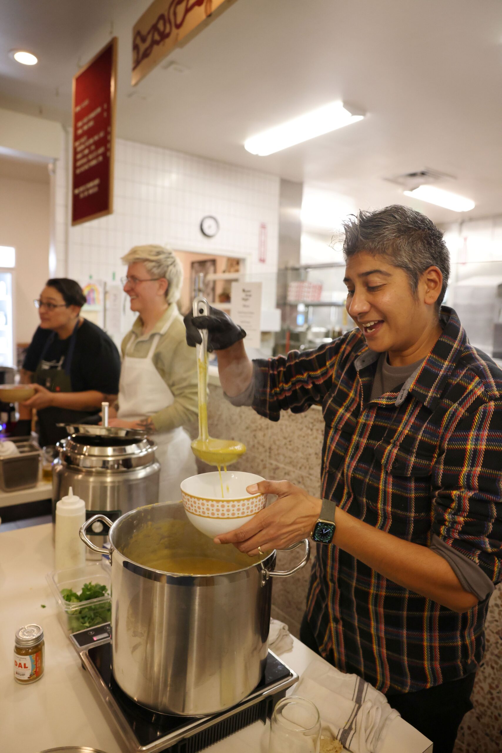 Chef Preeti Mistry serves up a butternut squash dal soup at Queer Soup Night Sonoma County