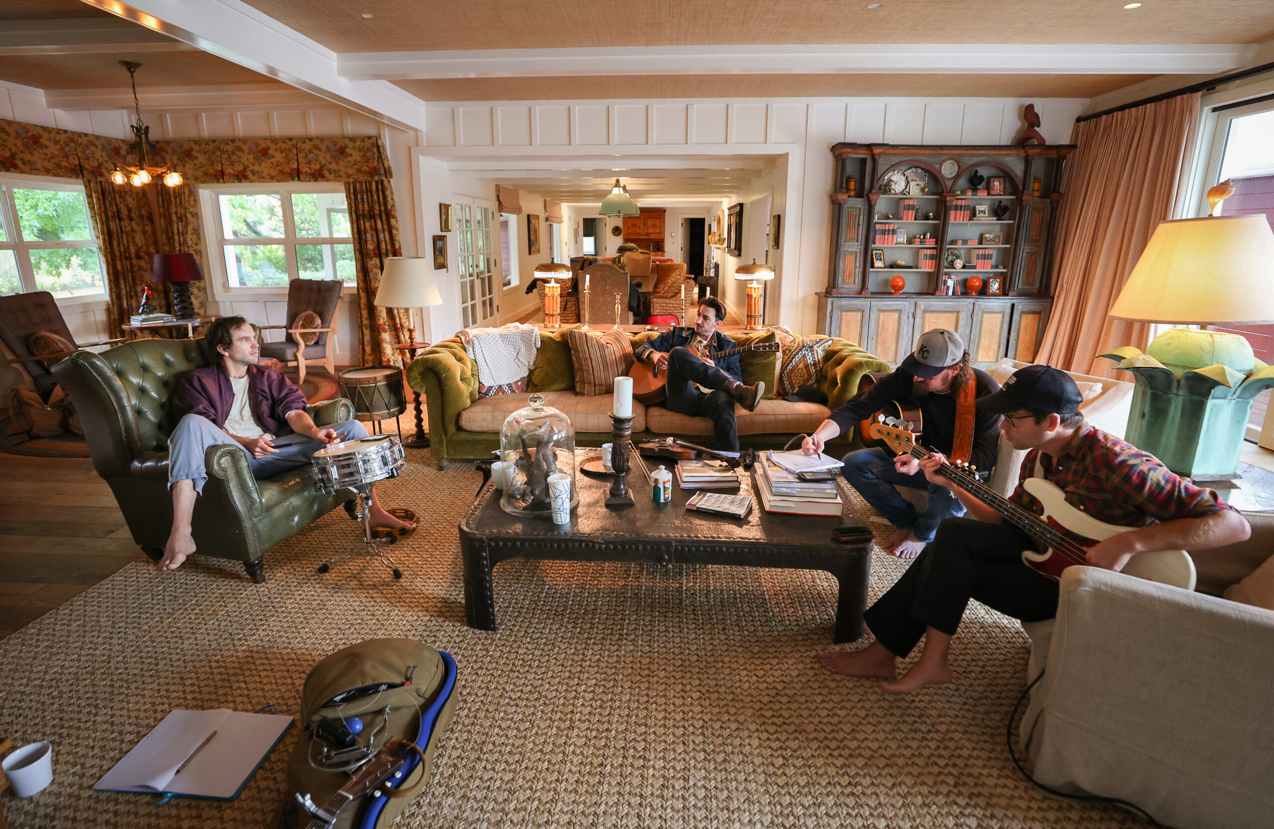 The Deslondes band members Howe Pearson, left, John James Tourville, Riley Downing, and Dan Cutler rehearse at Little Saint Farm