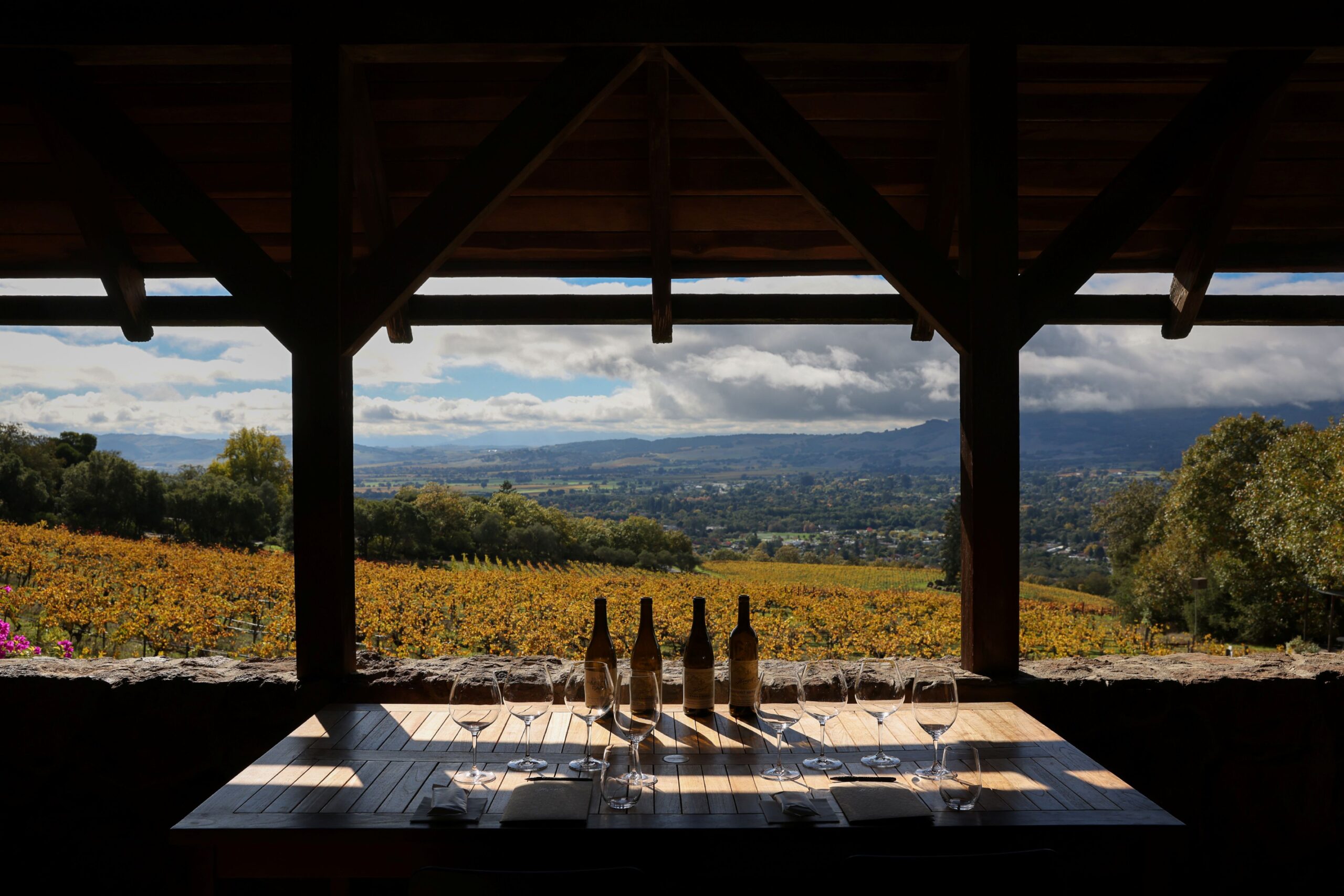 The Hanzell Vineyards tasting room offers majestic views of their vineyards and the valley below in Sonoma on Friday, November 7, 2025. (Christopher Chung/The Press Democrat)