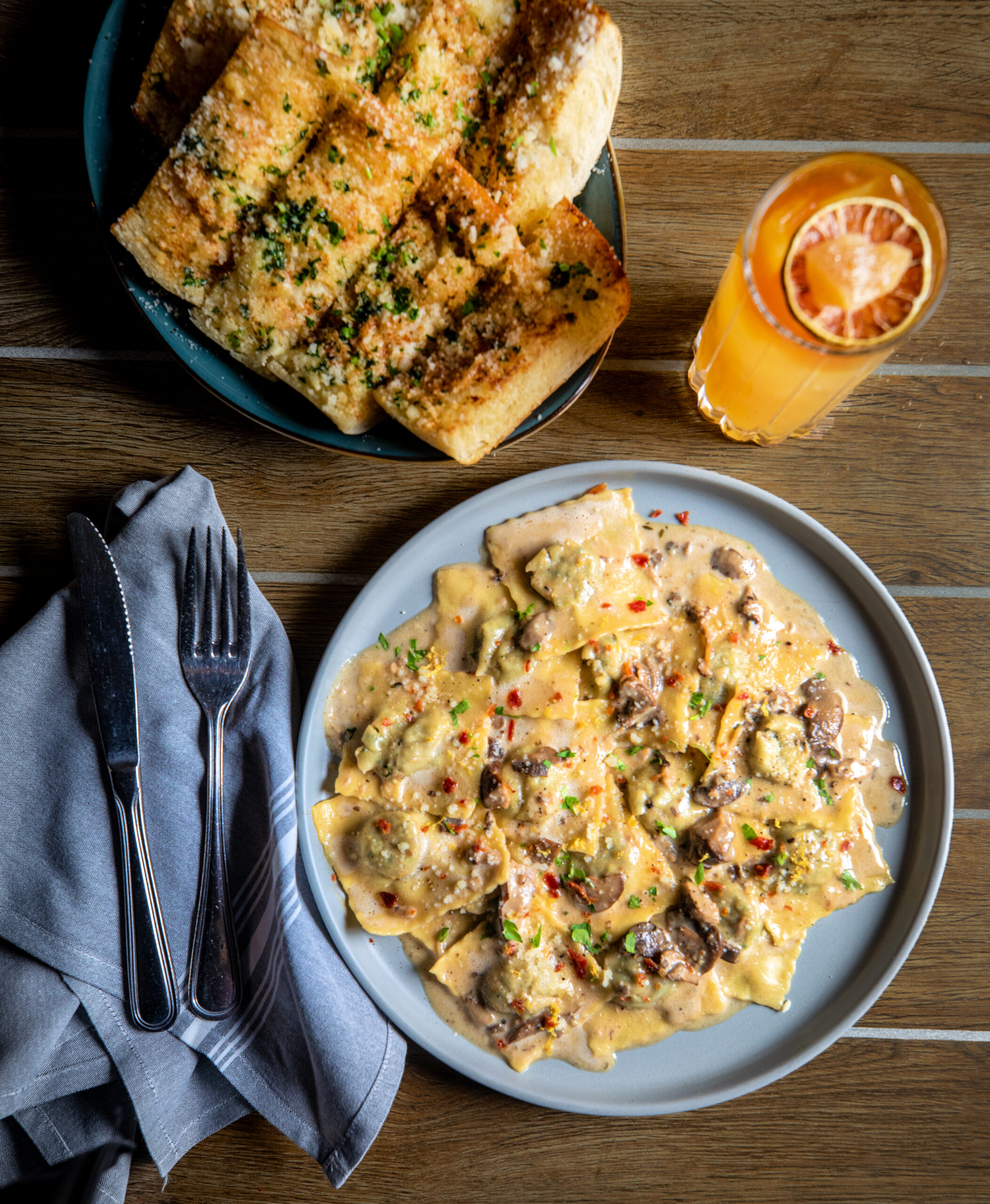 Catelli’s homemade meat ravioli with a mushroom cream sauce