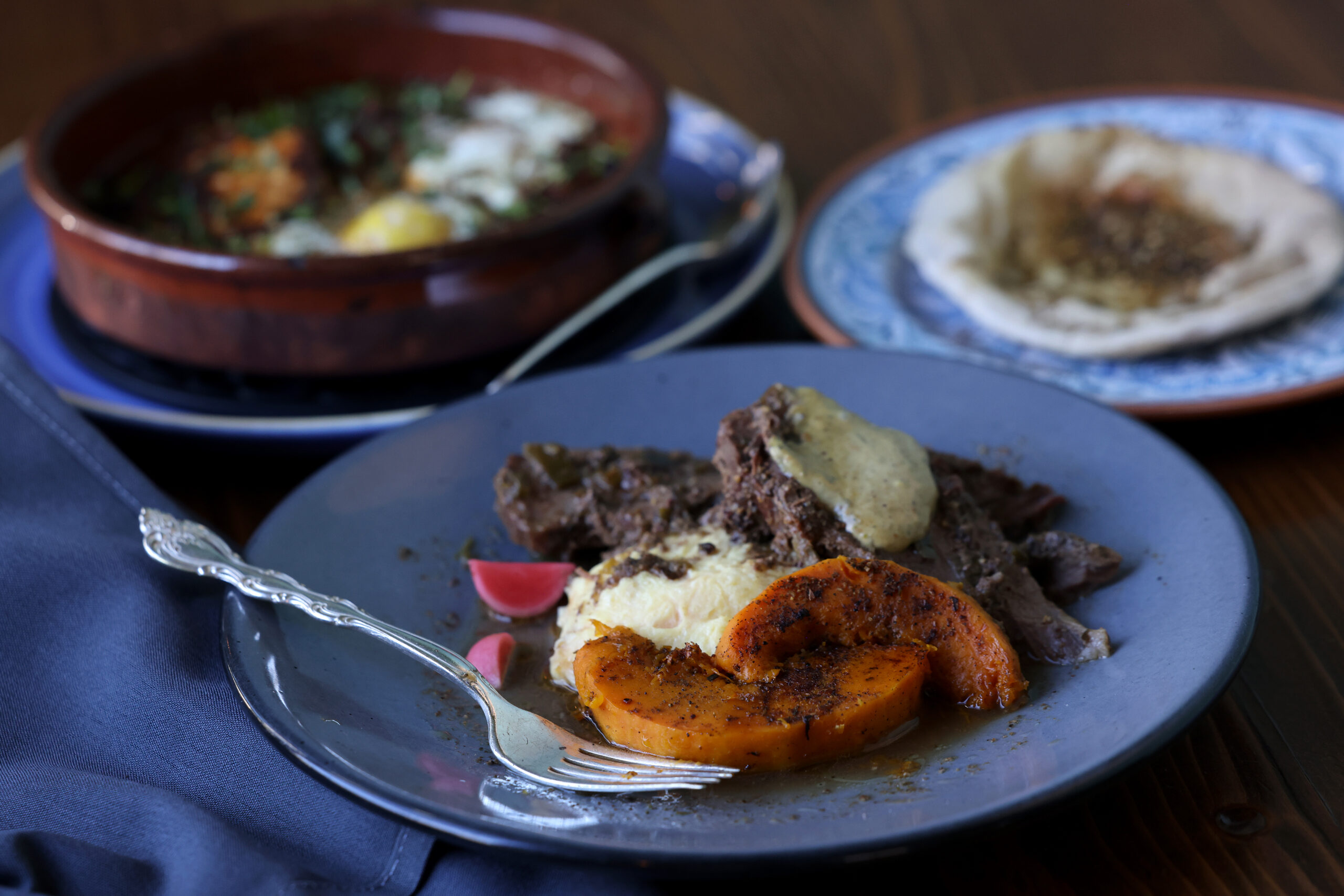 Levantine spiced brisket, with roasted winter squash, and pistachio tahini at Pearl Petaluma in Petaluma Thursday, Jan. 8, 2026. (Beth Schlanker / The Press-Democrat)
