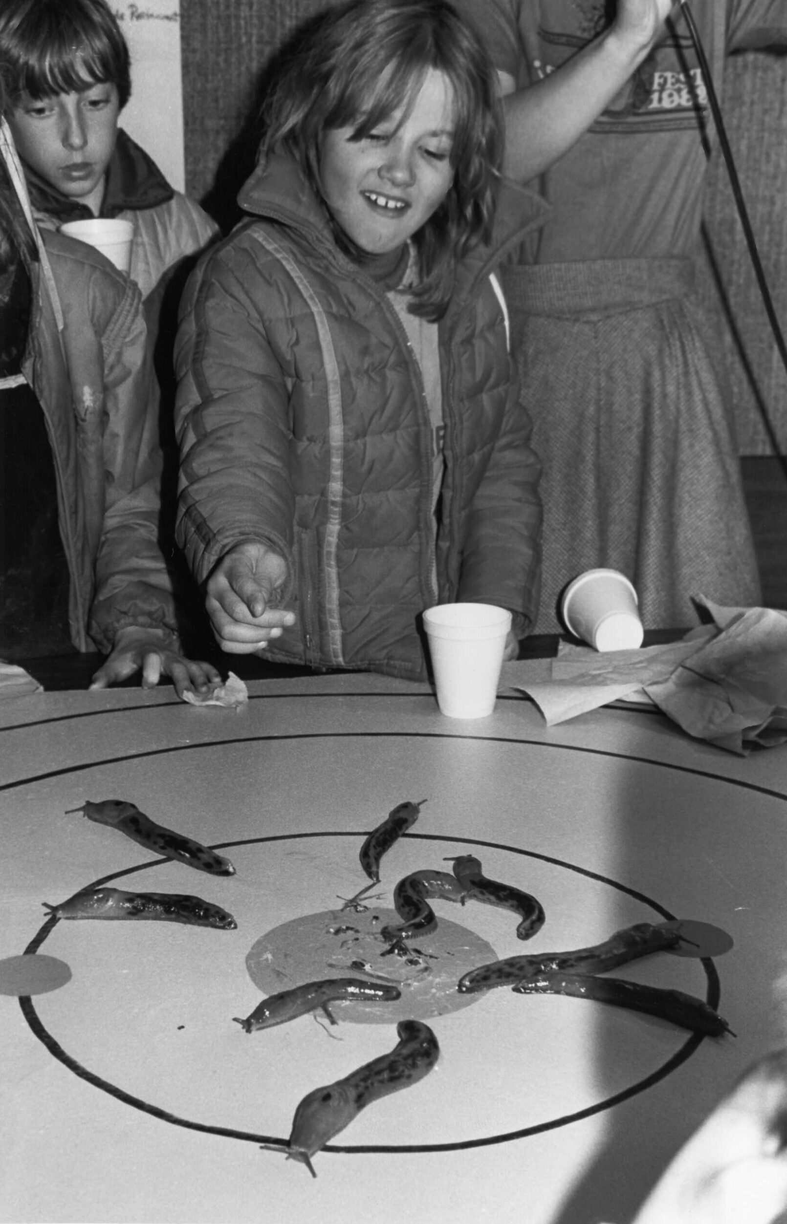 Slug racers slither away from the center starting point during the slug derby at the third annual Slug Fest on March 14, 1982.