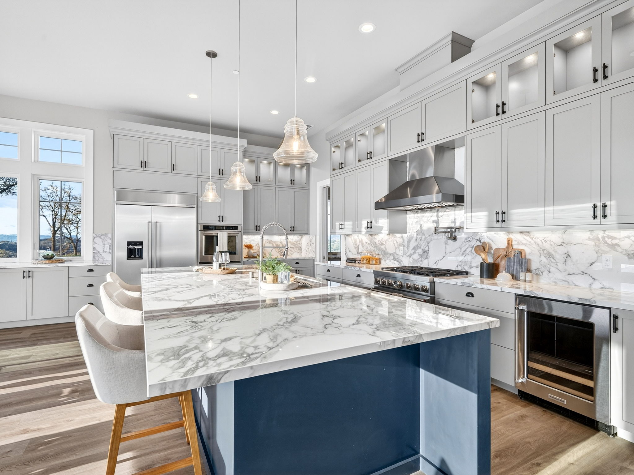 Kitchen area of great room in Healdsburg farmhouse