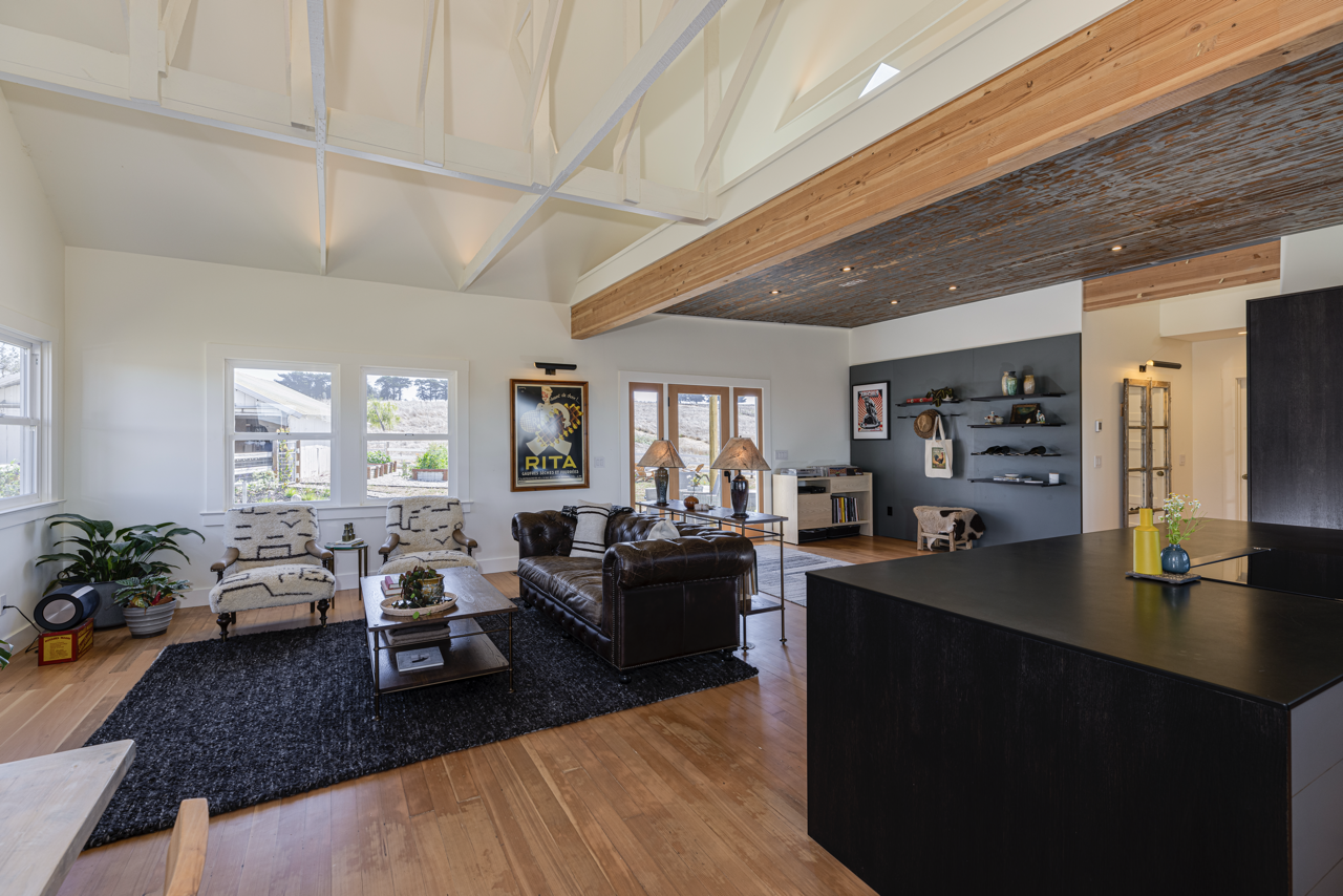 Great room with kitchen and lounging areas in rural Petaluma home