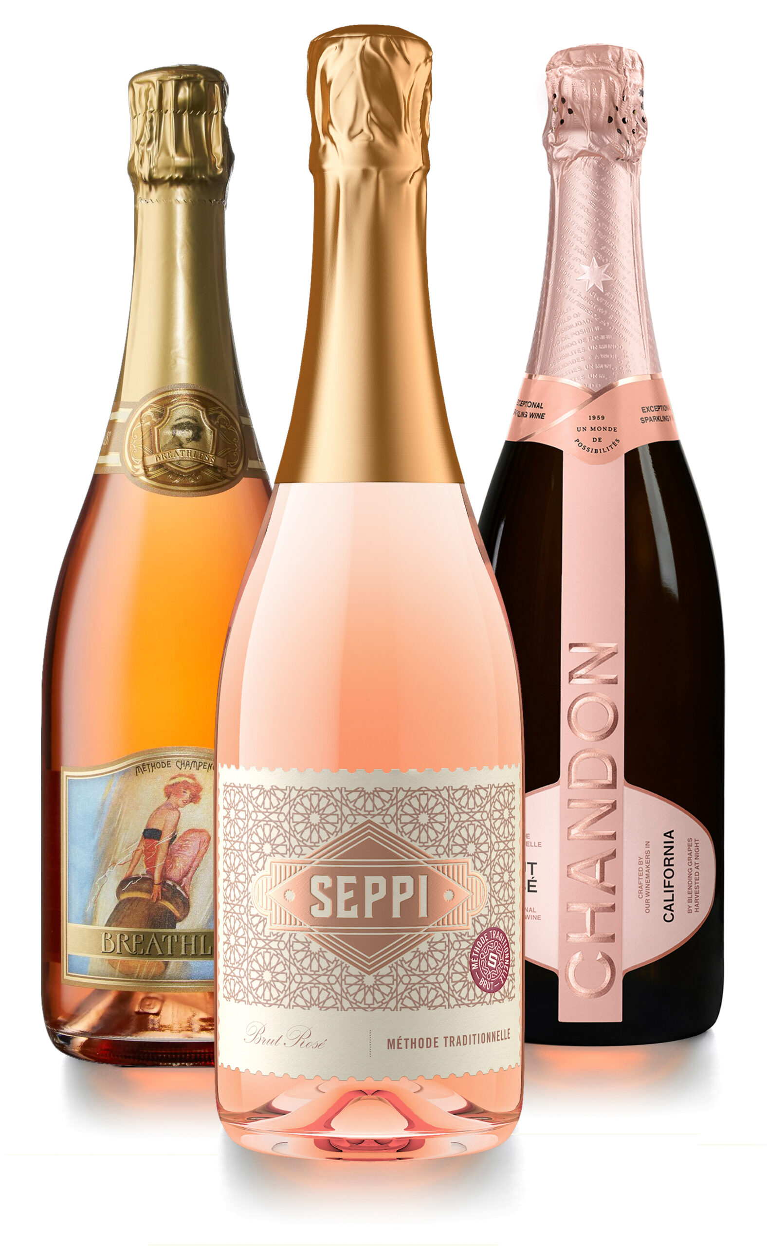 Bottles of Brut rosé from Breathless Wines, SEPPI Wines and Chandon. (Courtesy of wineries)