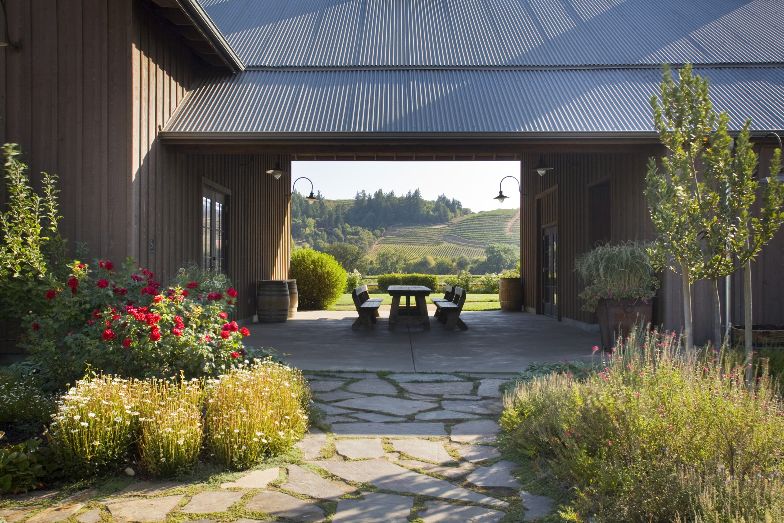 At Dutcher Crossing Winery in Geyserville, vineyard-facing tables sit in a covered breezeway, beneath a pergola, on a paved patio and alongside a pétanque court. Wine Country doesn’t get much prettier than this. (M. J. Wickham)