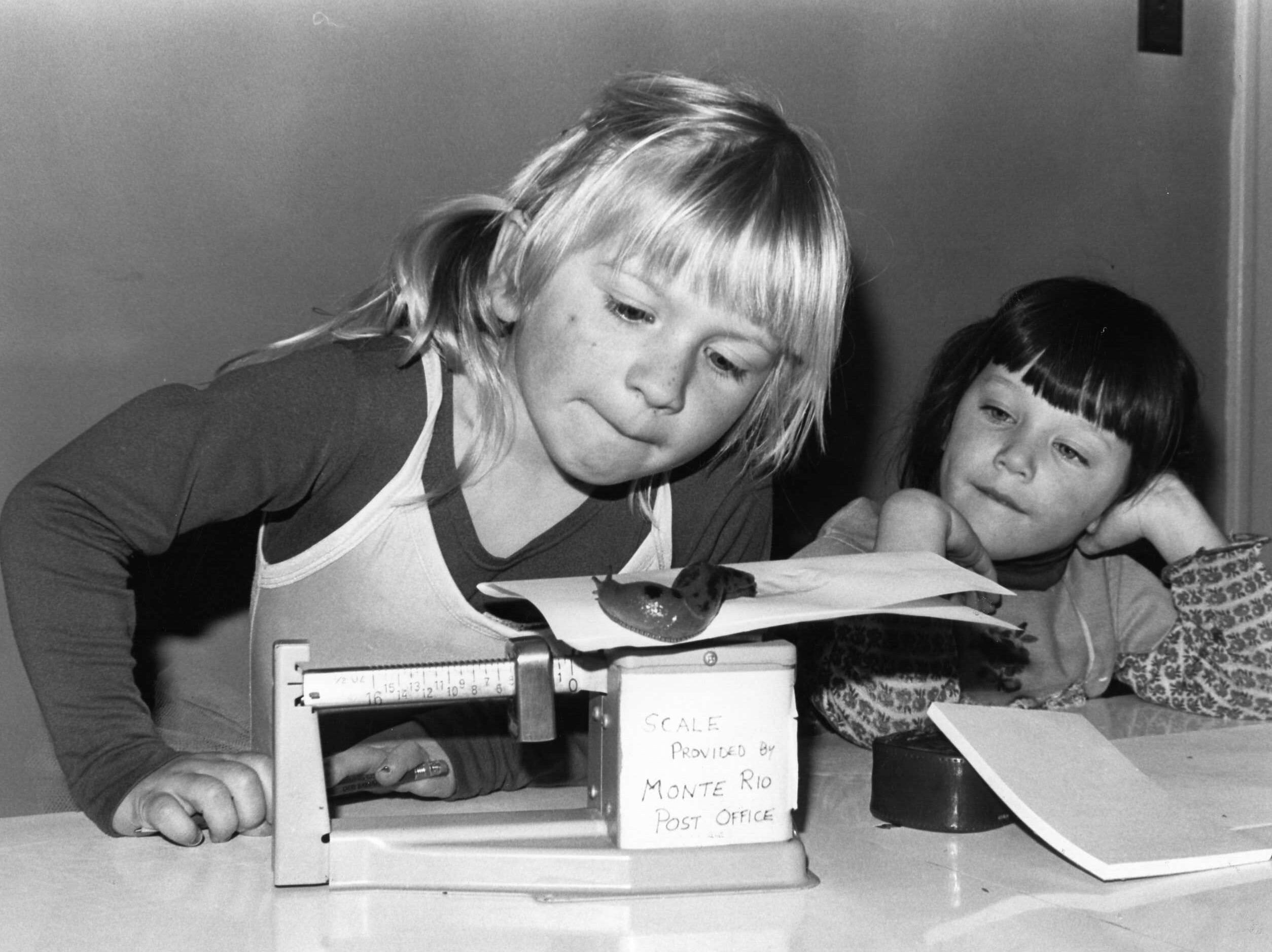 Weighing in their slug “Nana” for the second annual Slug Fest are Lyric Smith, from left, and Danielle Graham, both 4, on March 9, 1981. (The Press Democrat, file)