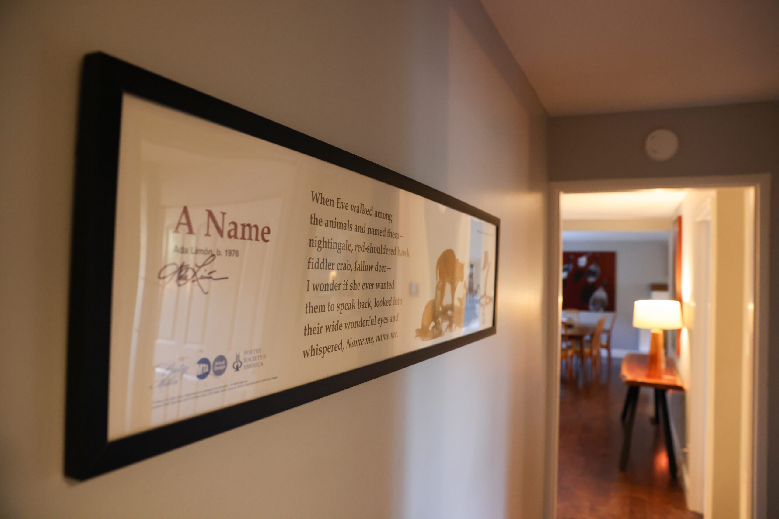 Ada Limón’s poem “A Name” hangs in the hallway of her home in Glen Ellen on Wednesday, February 4, 2026. (Christopher Chung/The Press Democrat)