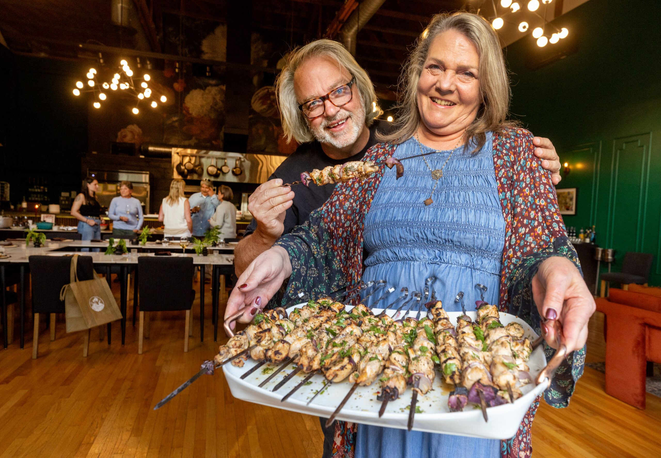 Cindy Lasar and her husband Mars made Shashlik Chicken from the Russian recipes book “Kachka,” chosen by Songbird Parlour owner/chef Lauren Kershner for the first Cookbook Club Tuesday, March 10, 2026 in Glen Ellen. (John Burgess/The Press Democrat)