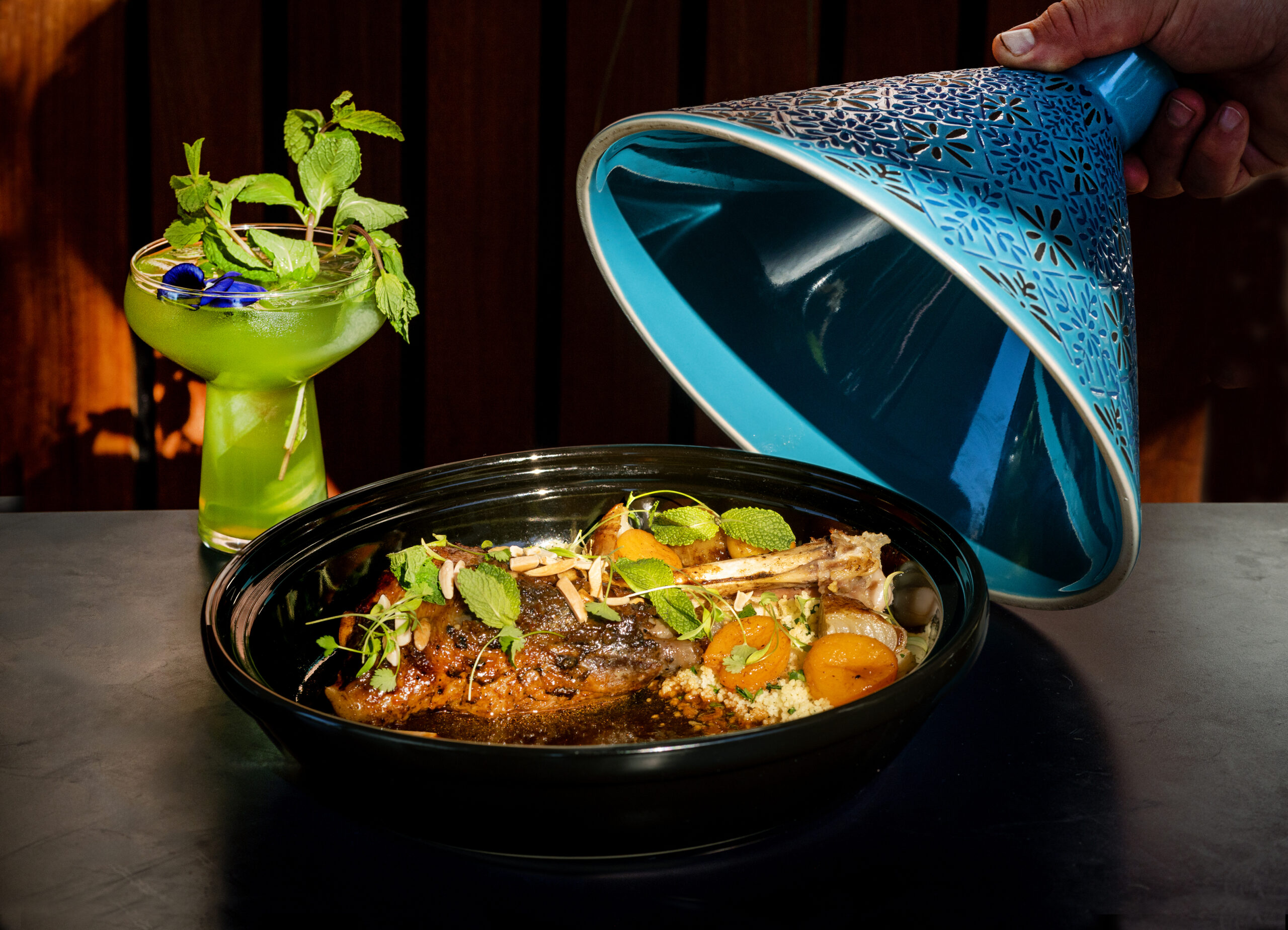 Lamb Shank Tagine with ras el hanout, apricots and almonds with a Moroccan Mint Tea Fizz from Juju’s, a French-Moroccan dinner pop-up in the Acorn Café space on the square in Healdsburg.