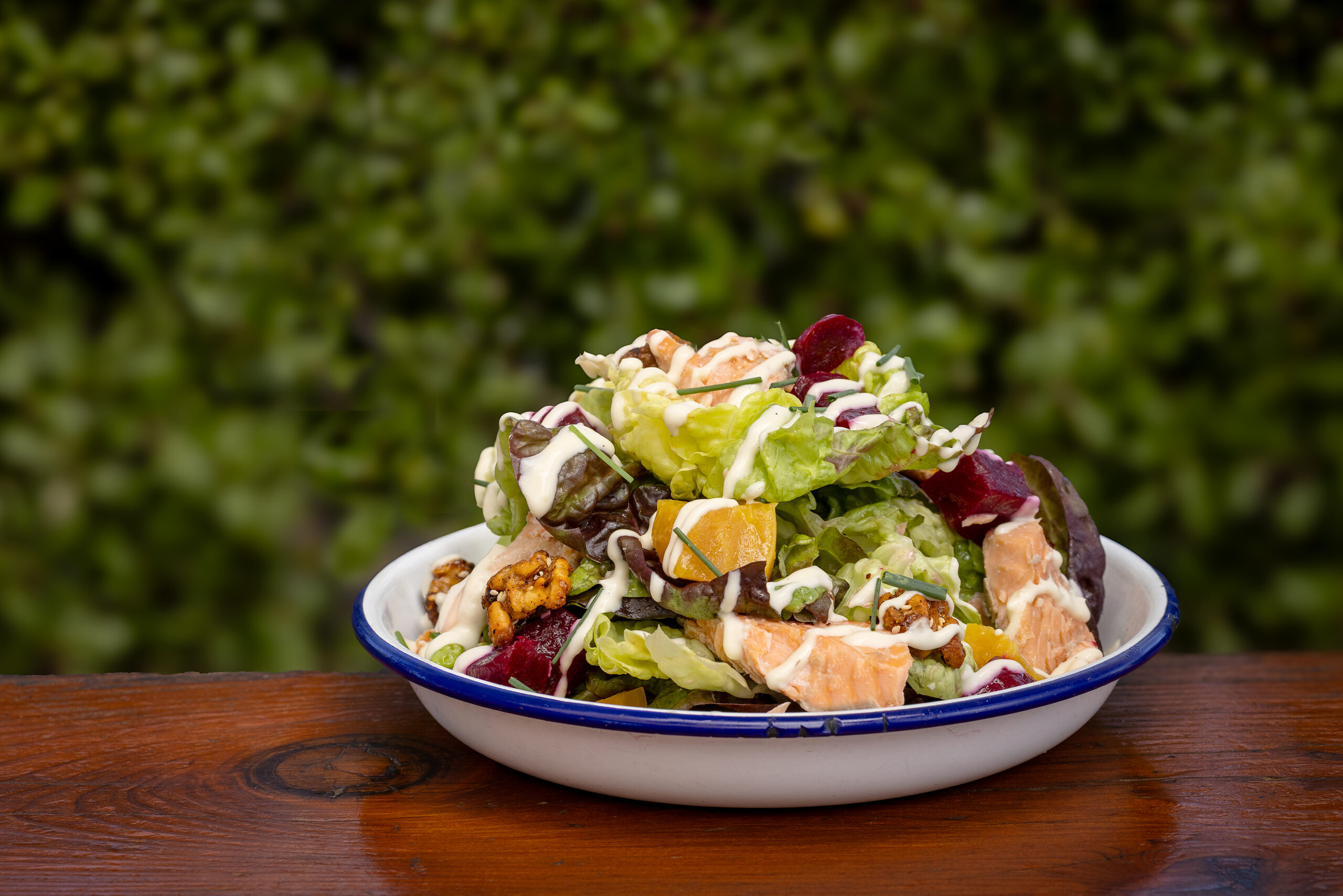 The Monterey Trout Salad with house-smoked trout, roasted beets, candied walnuts, charred Meyer lemon creme fraiche dressing from Handline Monday, March 30, 2026 in Sebastopol. (John Burgess/The Press Democrat)