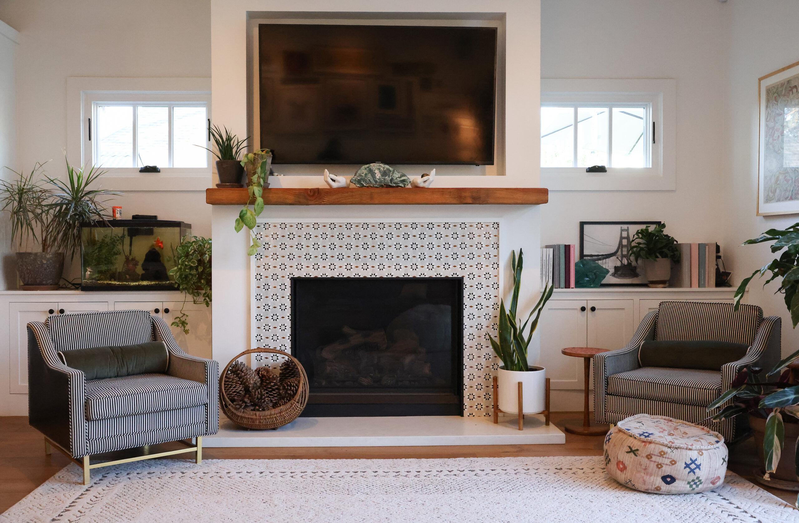 Fireplace and art in Artist Jake Messing's home