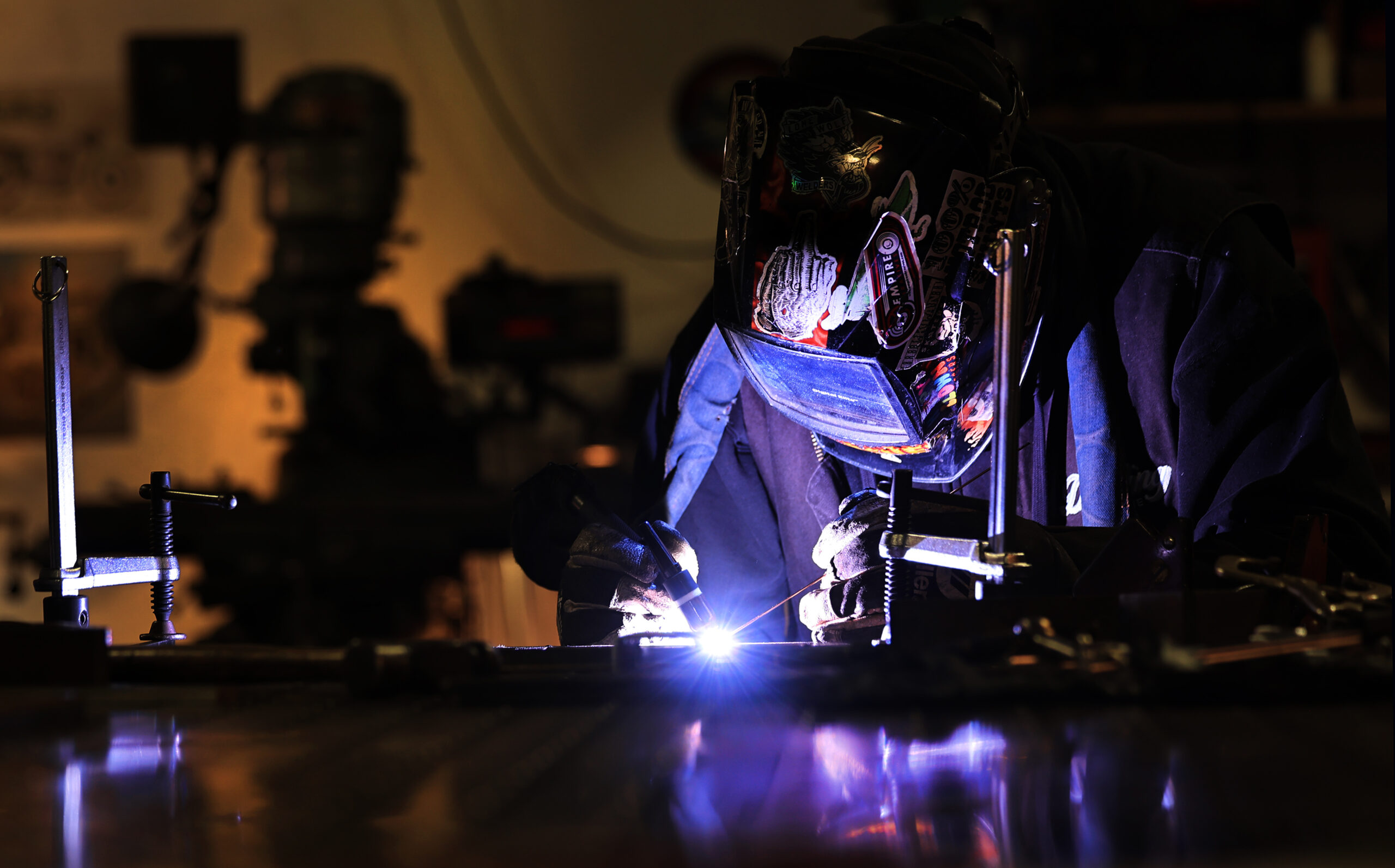 Custom fabricator Justin Warren spot welds a metal frame together at Schnitzkraft Steel Artistry in Santa Rosa, Tuesday, Feb. 10, 2026. (Kent Porter / The Press Democrat)
