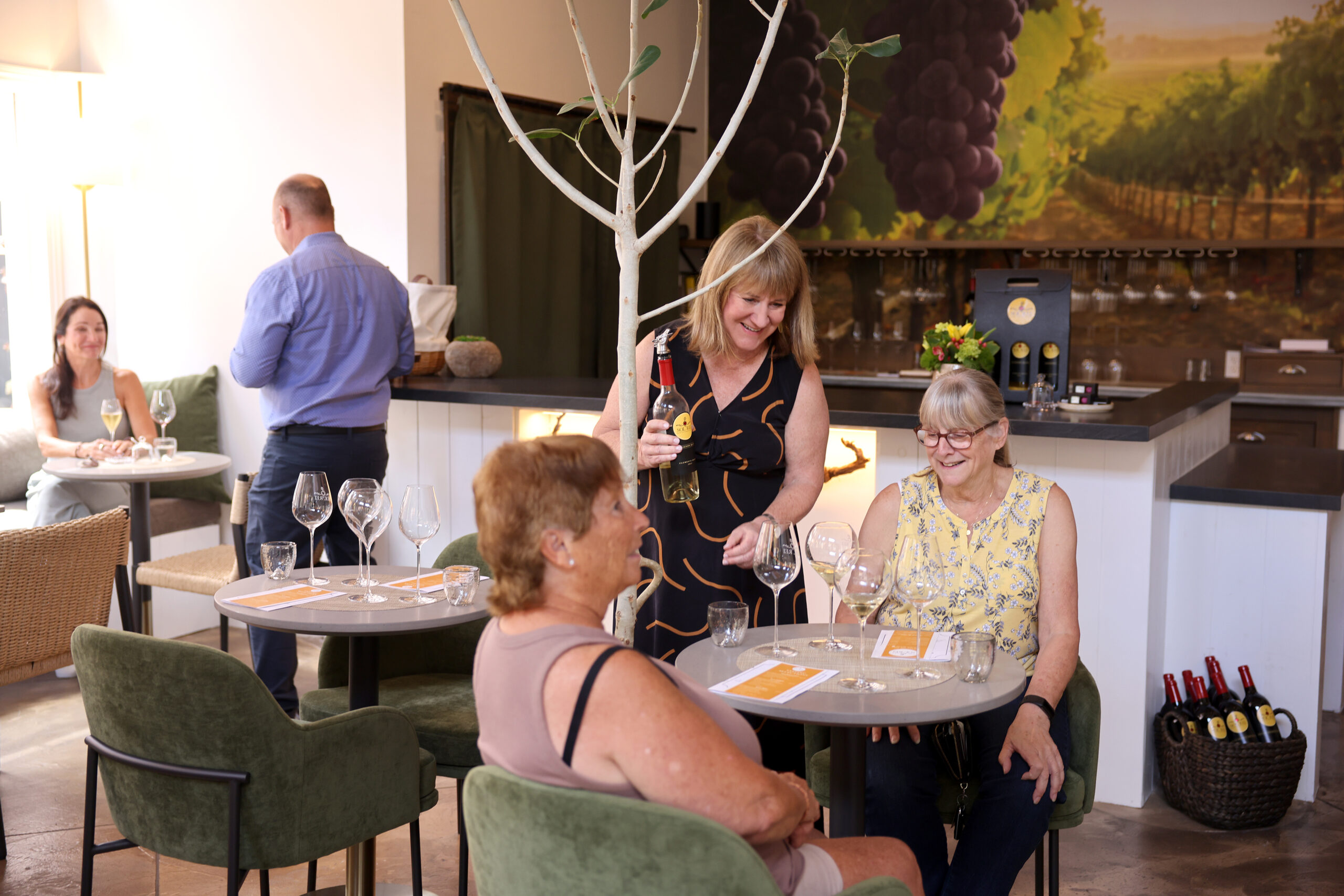 Sol Rei Wine founder Katherine Kitzmiller, center, serves guests Arlene Weeks, right, and Jacki Hayden at the tasting room in Sonoma Thursday, April 23, 2026. (Beth Schlanker / The Press Democrat)