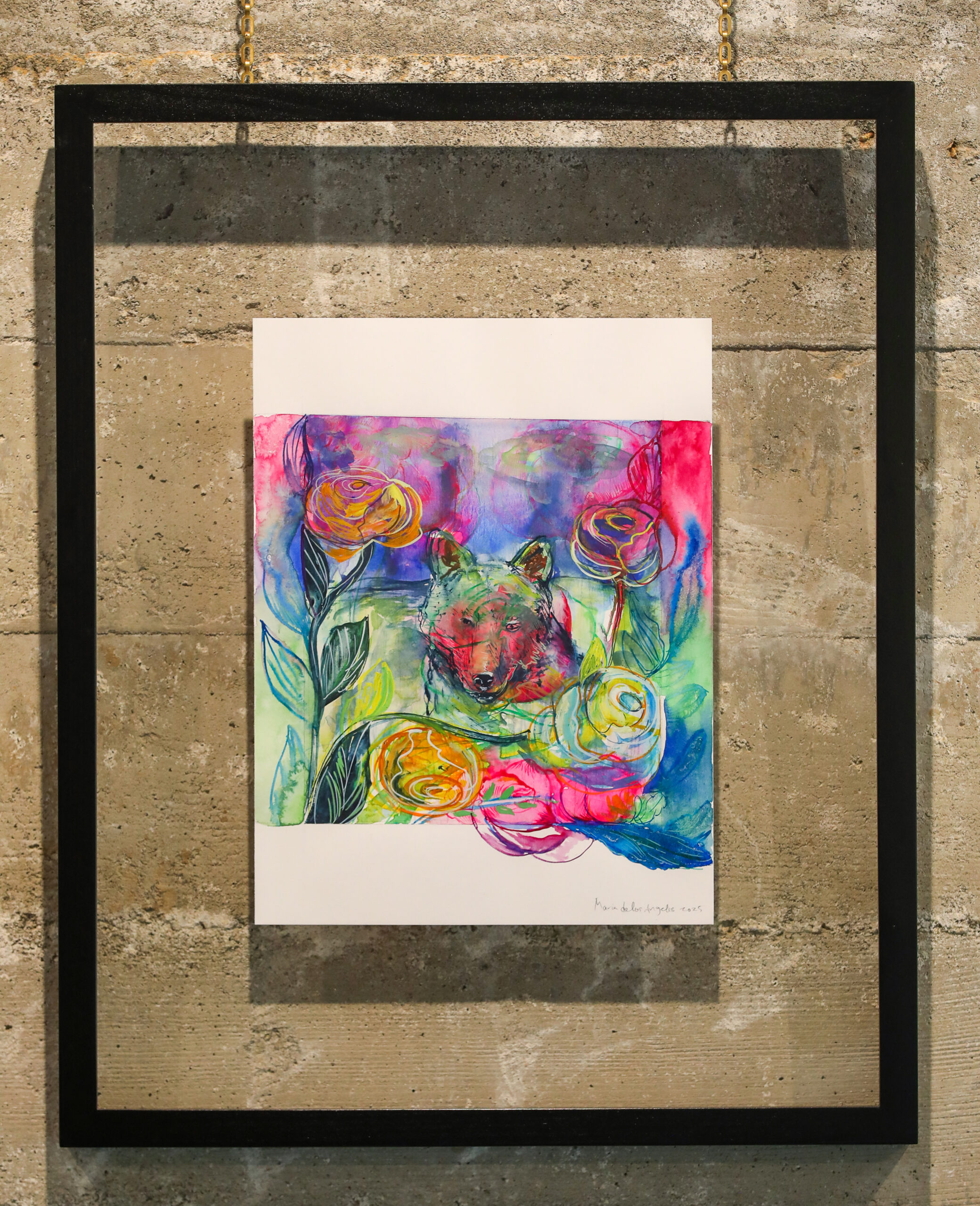 Art by Maria de Los Angeles, used for wine bottle labels, hangs on the wall at Wolves Lovers + Thieves in Glen Ellen