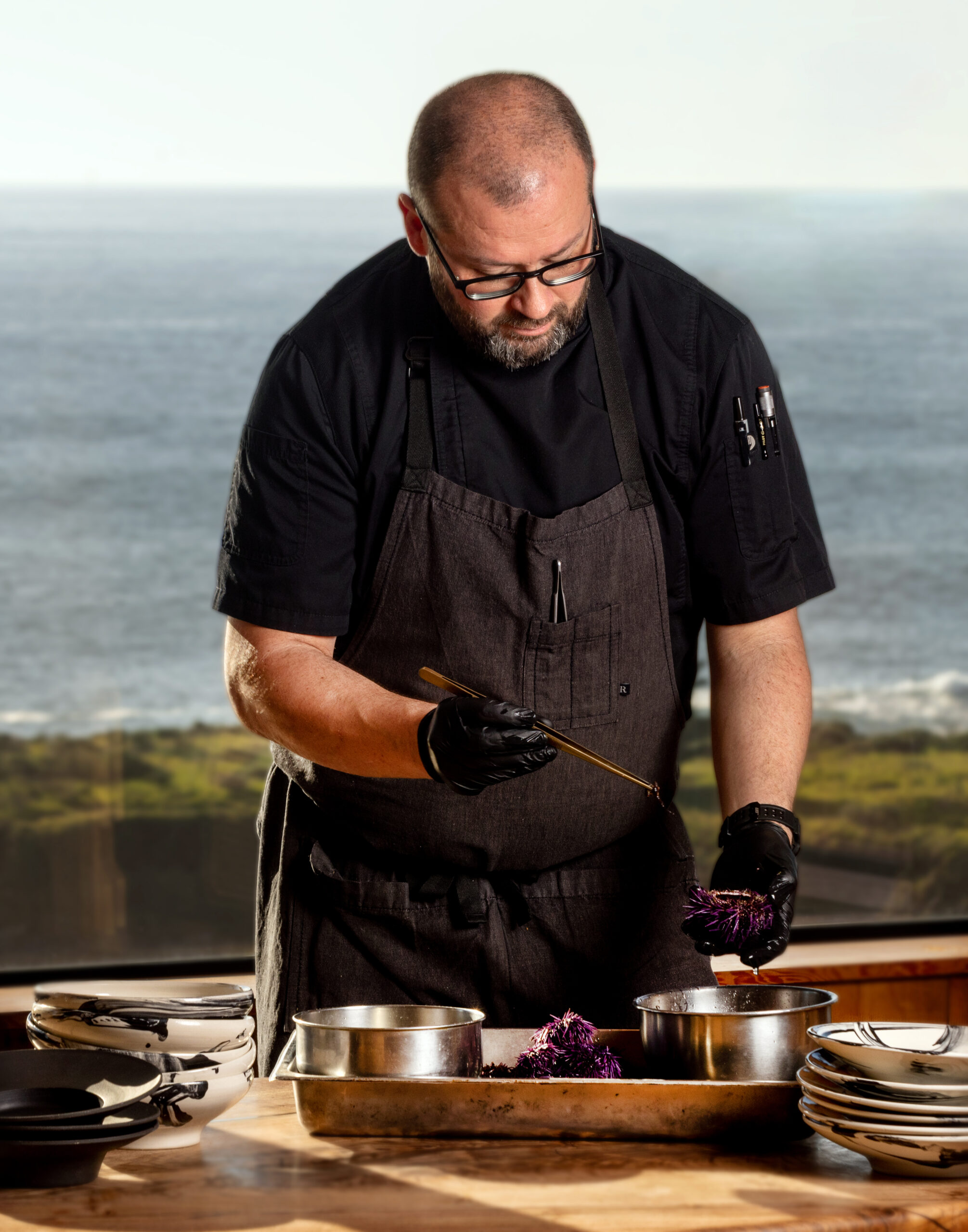 Uni Carbonara with squid ink chimaera pasta, pancetta, furikake and the uni local purple sea urchins from Sea Ranch Lodge chef Ryan Seal